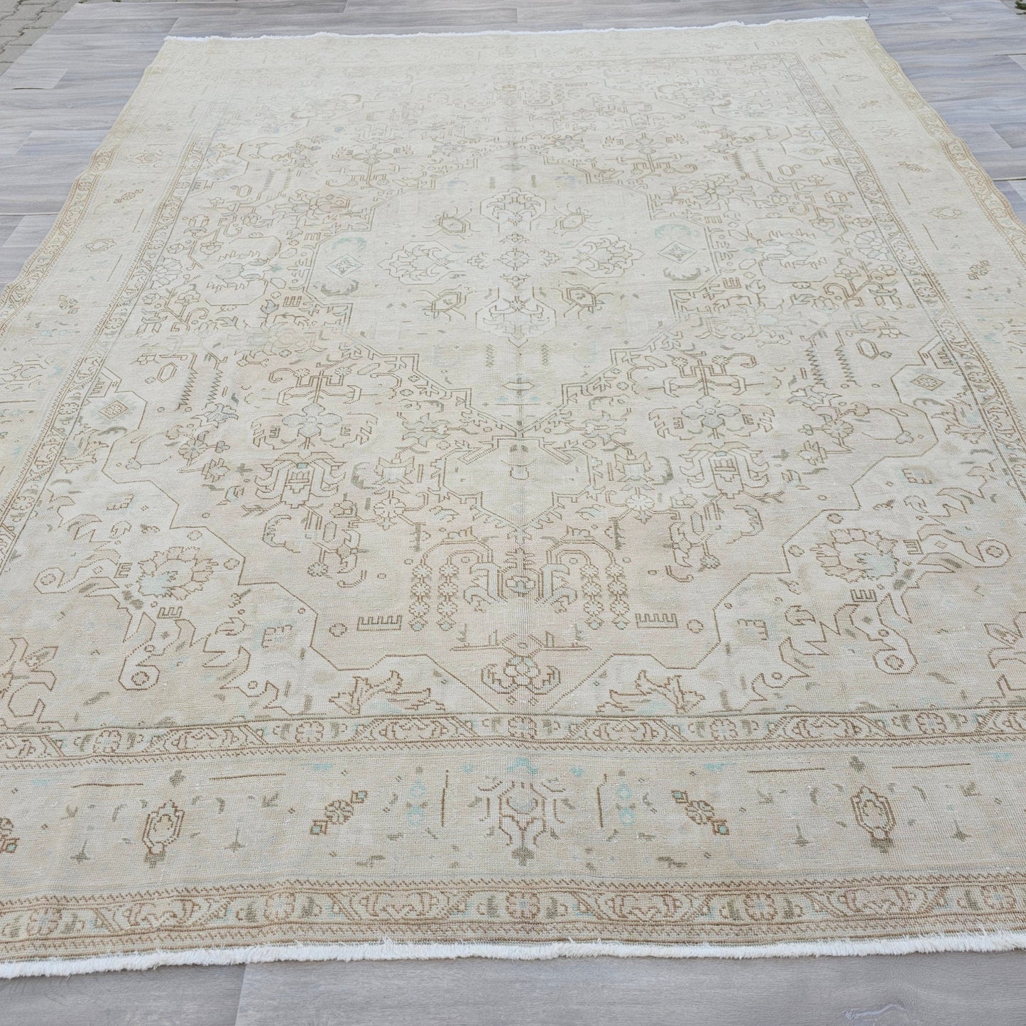 Oushak Rug 9x12 / Neutral Area Rug for Diningroom/ 9x12 Turkish Rug / Geometric Oriental Carpet Beige Tan Turquose Taupe