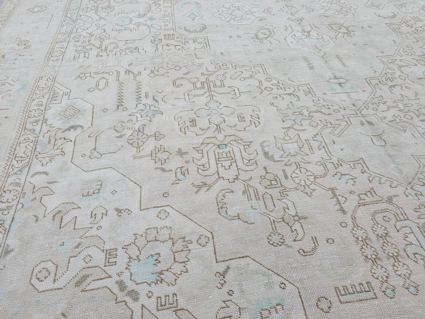 Oushak Rug 9x12 / Neutral Area Rug for Diningroom/ 9x12 Turkish Rug / Geometric Oriental Carpet Beige Tan Turquose Taupe
