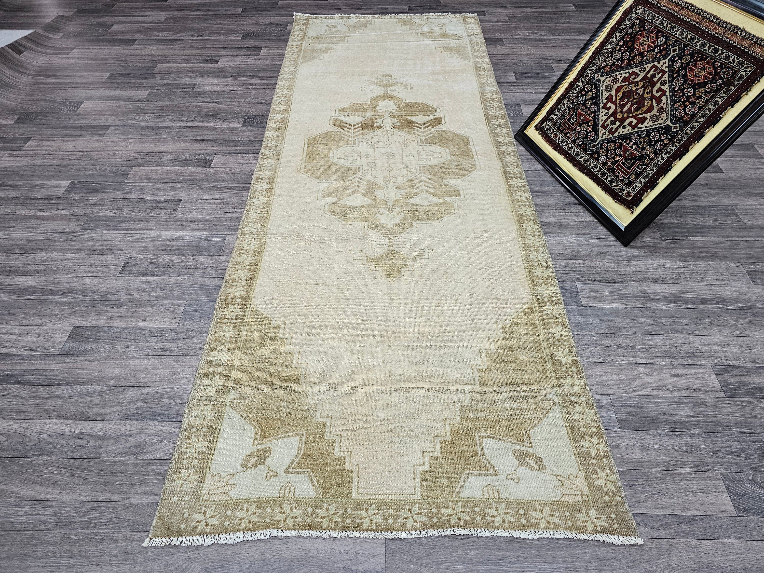 Wide Oushak Runner / 3.50x9.40 feet Hand Knotted Vintage Turkish rug Neutral Color