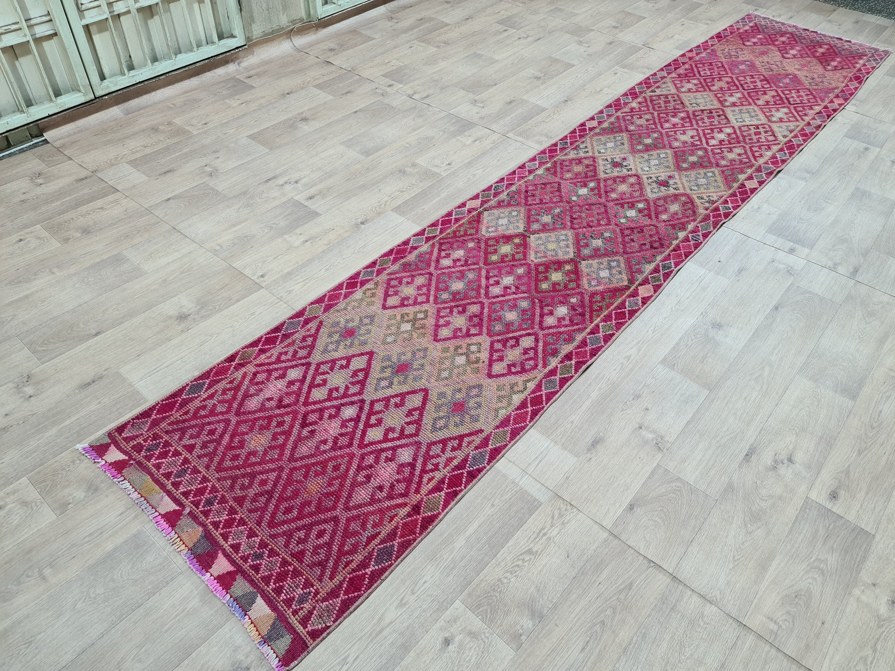 Purple Oushak Runner Rug: Hand-Knotted Wool, Vintage Turkish Design (2.75x14.4 ft)