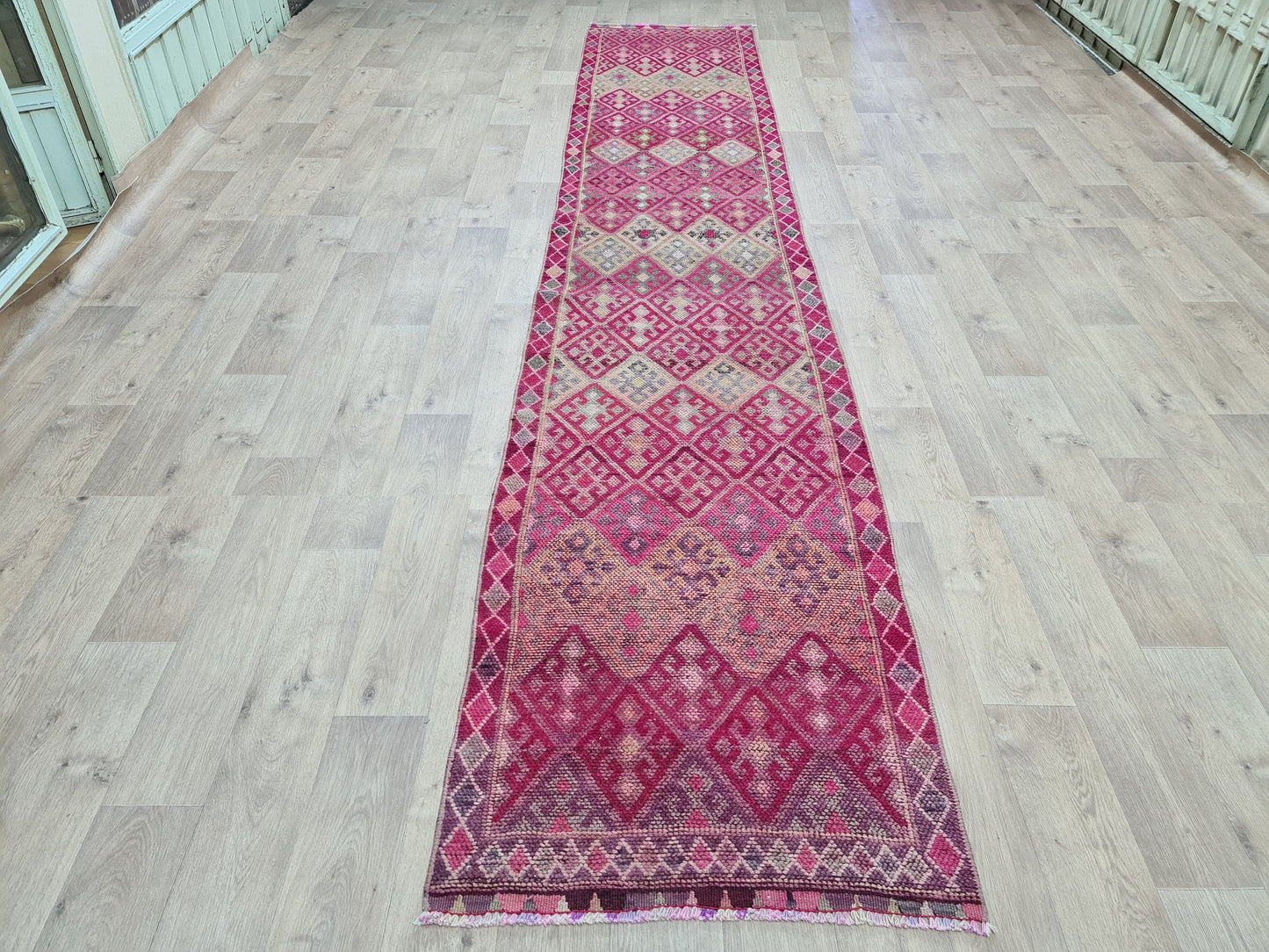Purple Runner Rug/ 2.75x14.4 feet/ Hand Knotted Wool Runner/ Soft Vintage Runner/ Oushak Runner/ Turkish Runner for Kitchen and Hallway