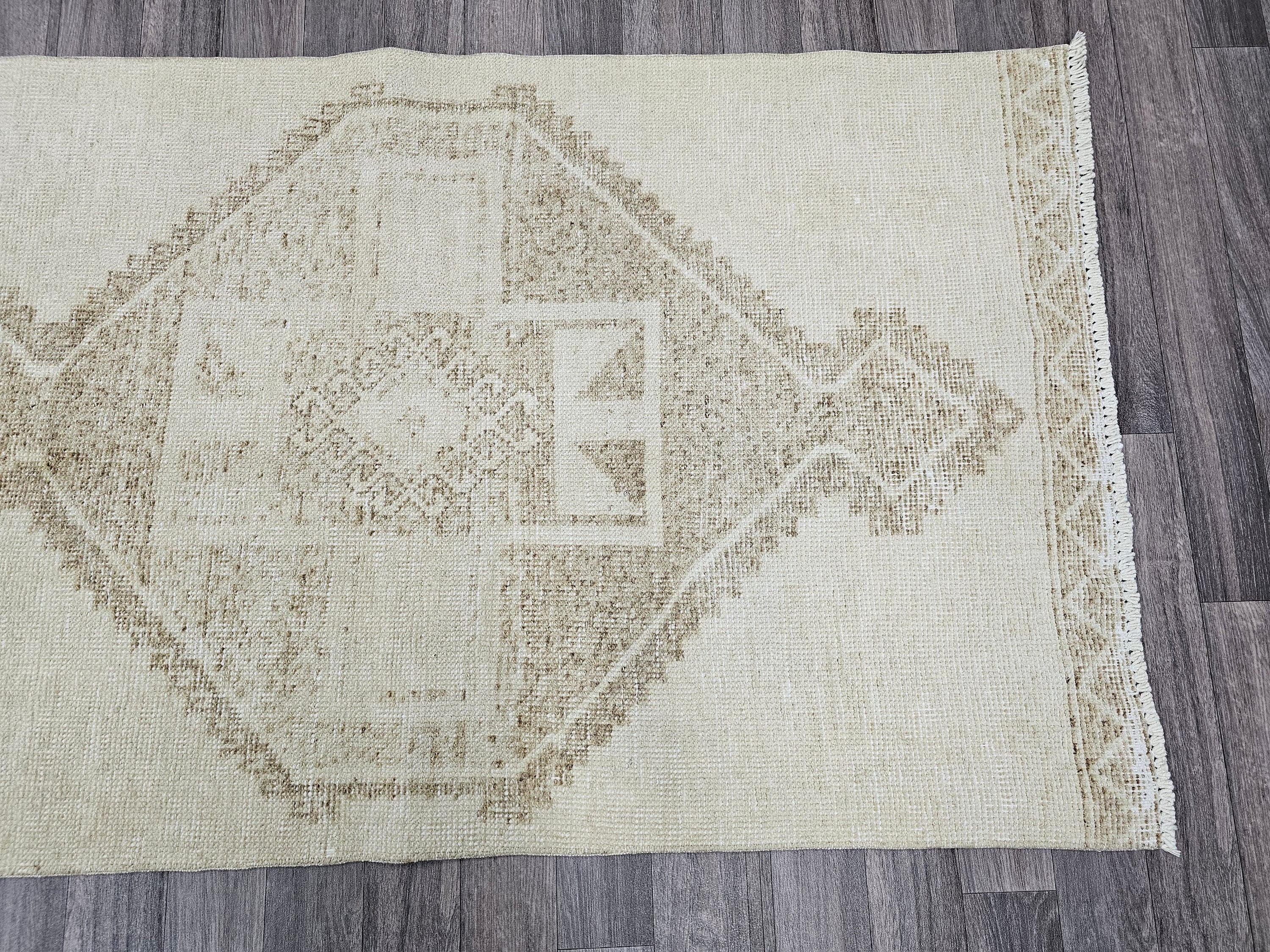 Hand Knotted Wool Oushak Runner: 3x12 ft Neutral Turkish Rug