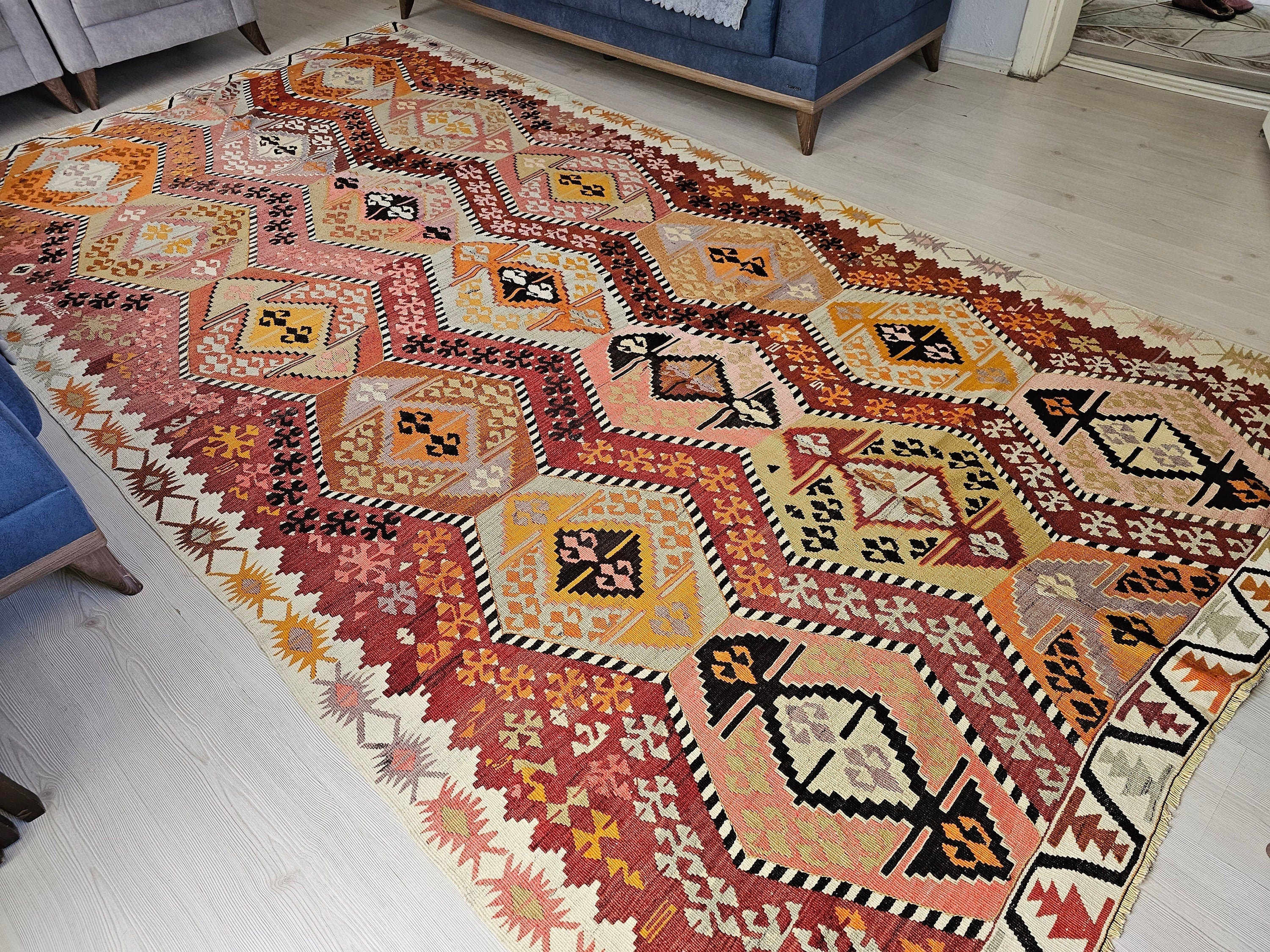 Vintage Kilim Rug: 6.40x12.20 ft, Turkish Oushak Rug, Pastel Colors