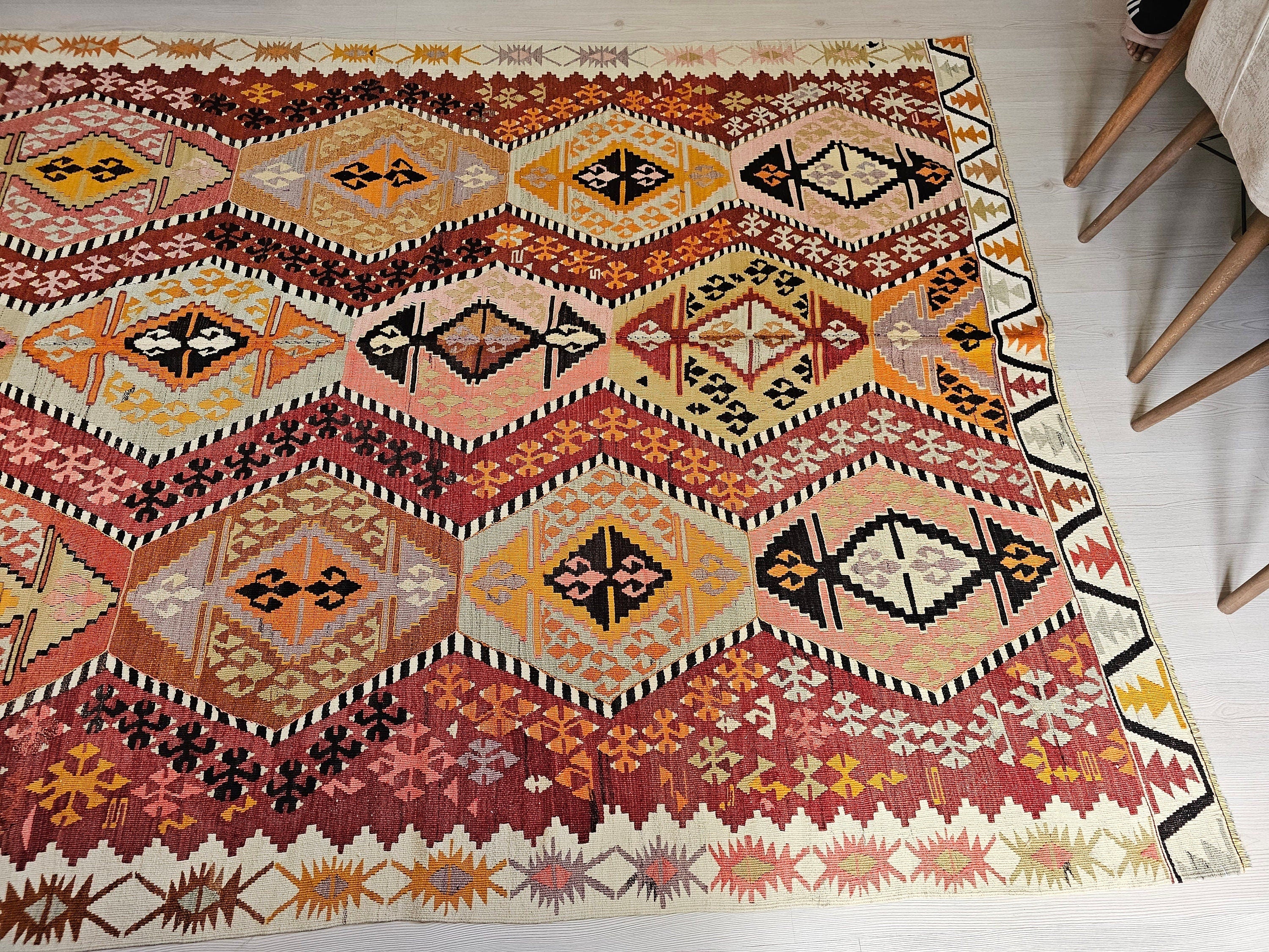 Vintage Kilim Rug: 6.40x12.20 ft, Turkish Oushak Rug, Pastel Colors