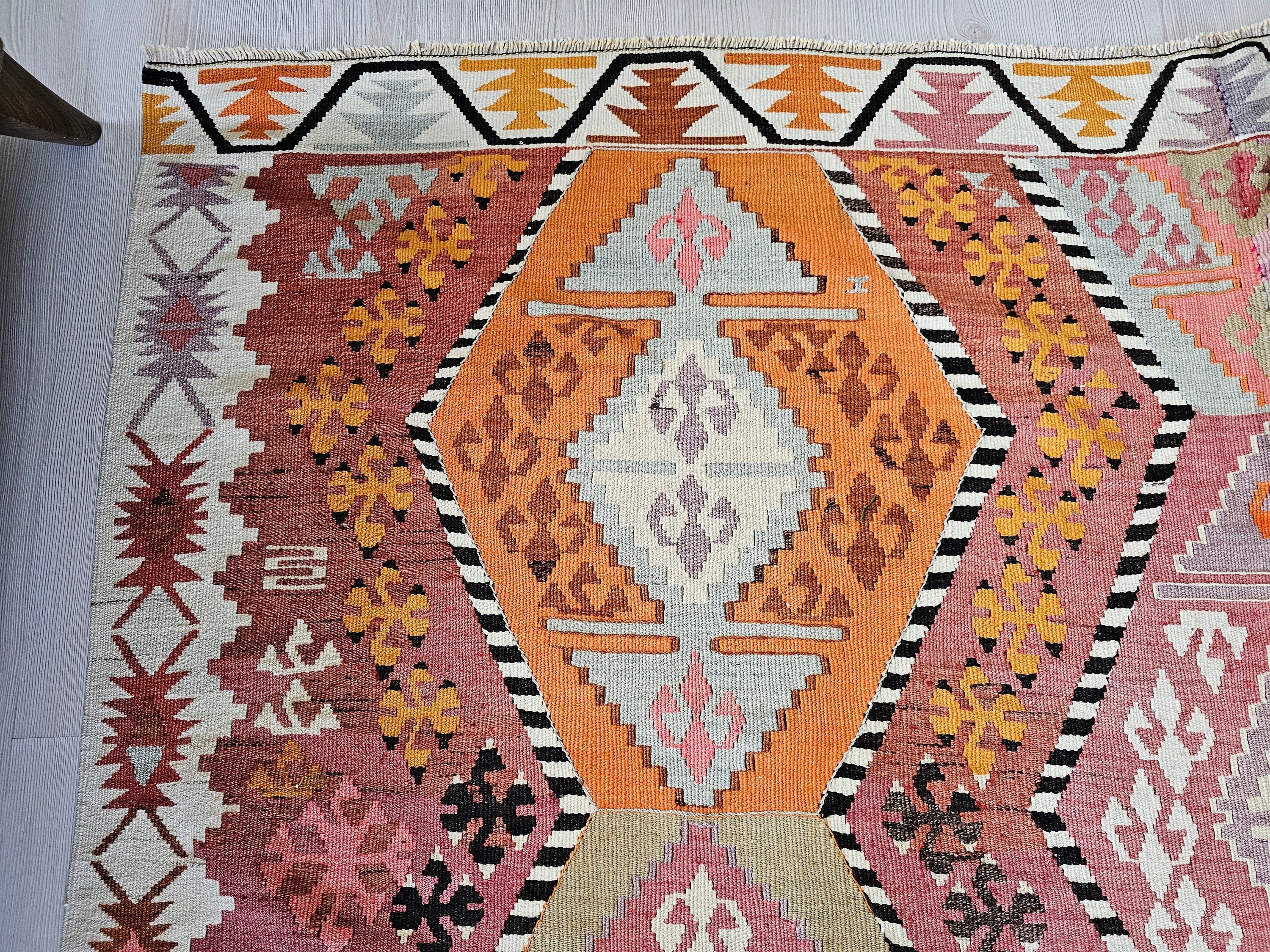 Vintage Kilim Rug: 6.40x12.20 ft, Turkish Oushak Rug, Pastel Colors