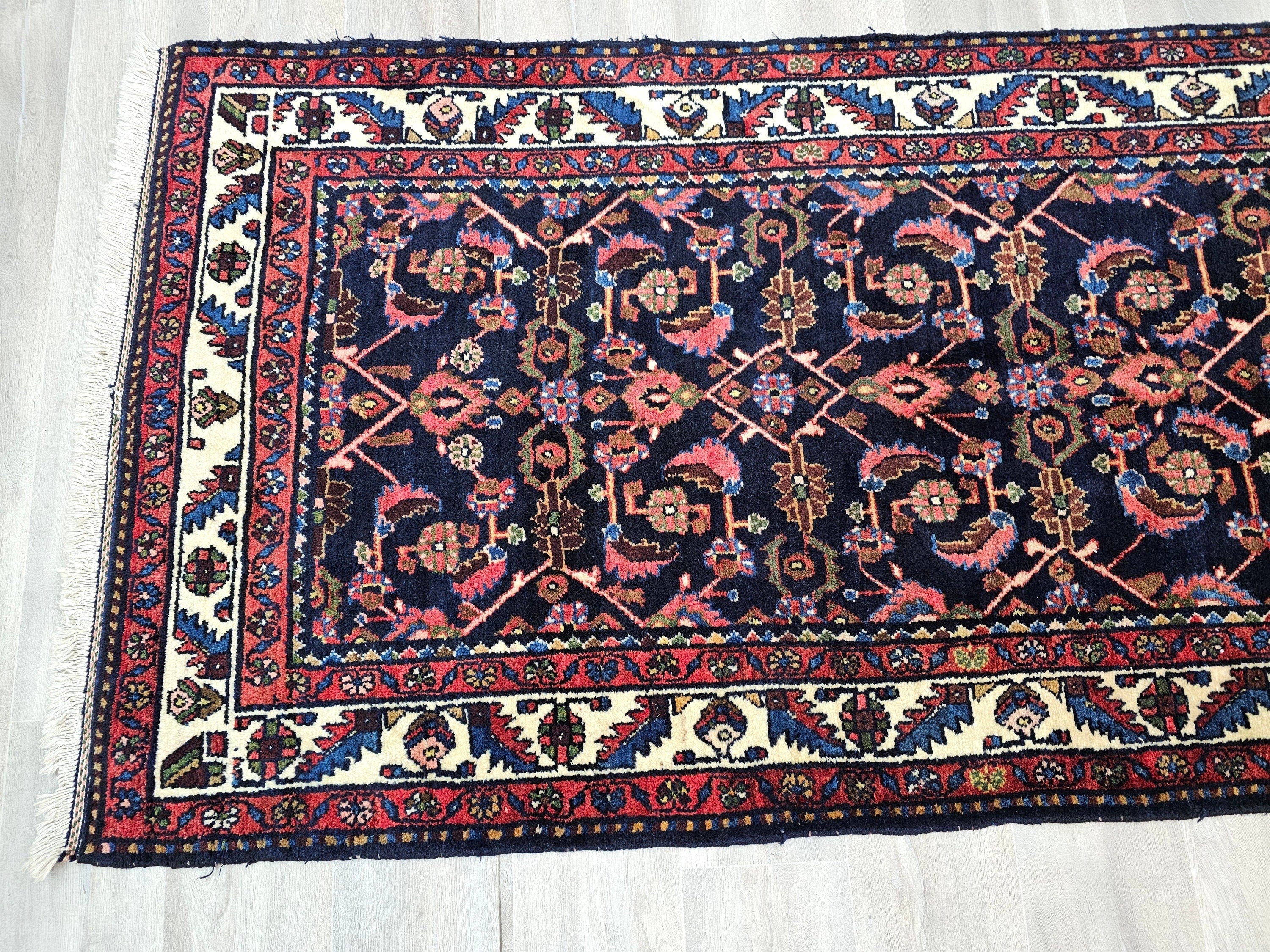 Vintage Hand Knotted Wool Runner Rug: Traditional Persian Design (3.60x10.20 ft)