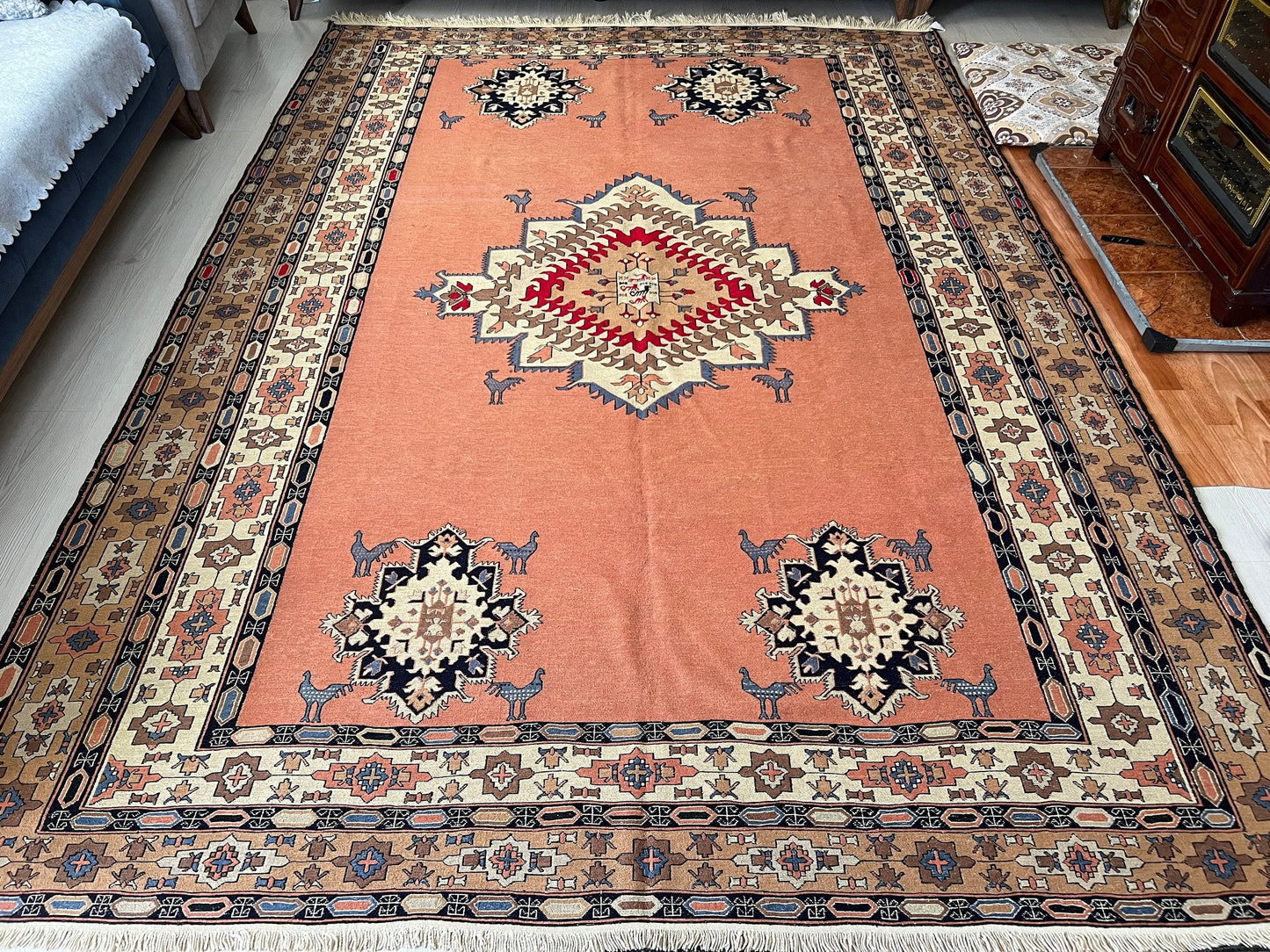 Vintage Cecim Soumak Rug: 7x10 Hand Knotted Wool Kilim