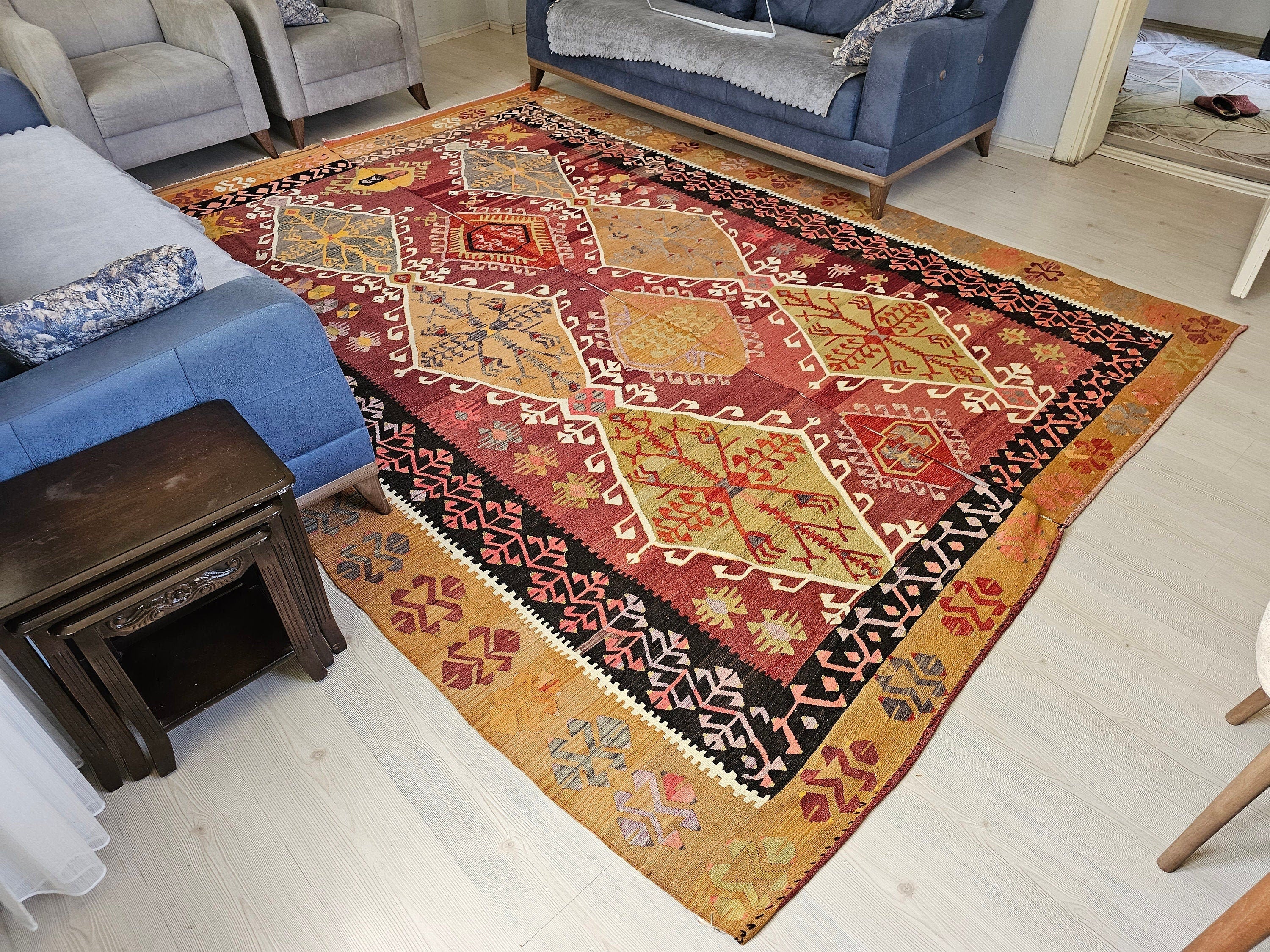 Large Vintage Kilim Rug: Hand-Knotted Wool, 8.25x11.65 ft