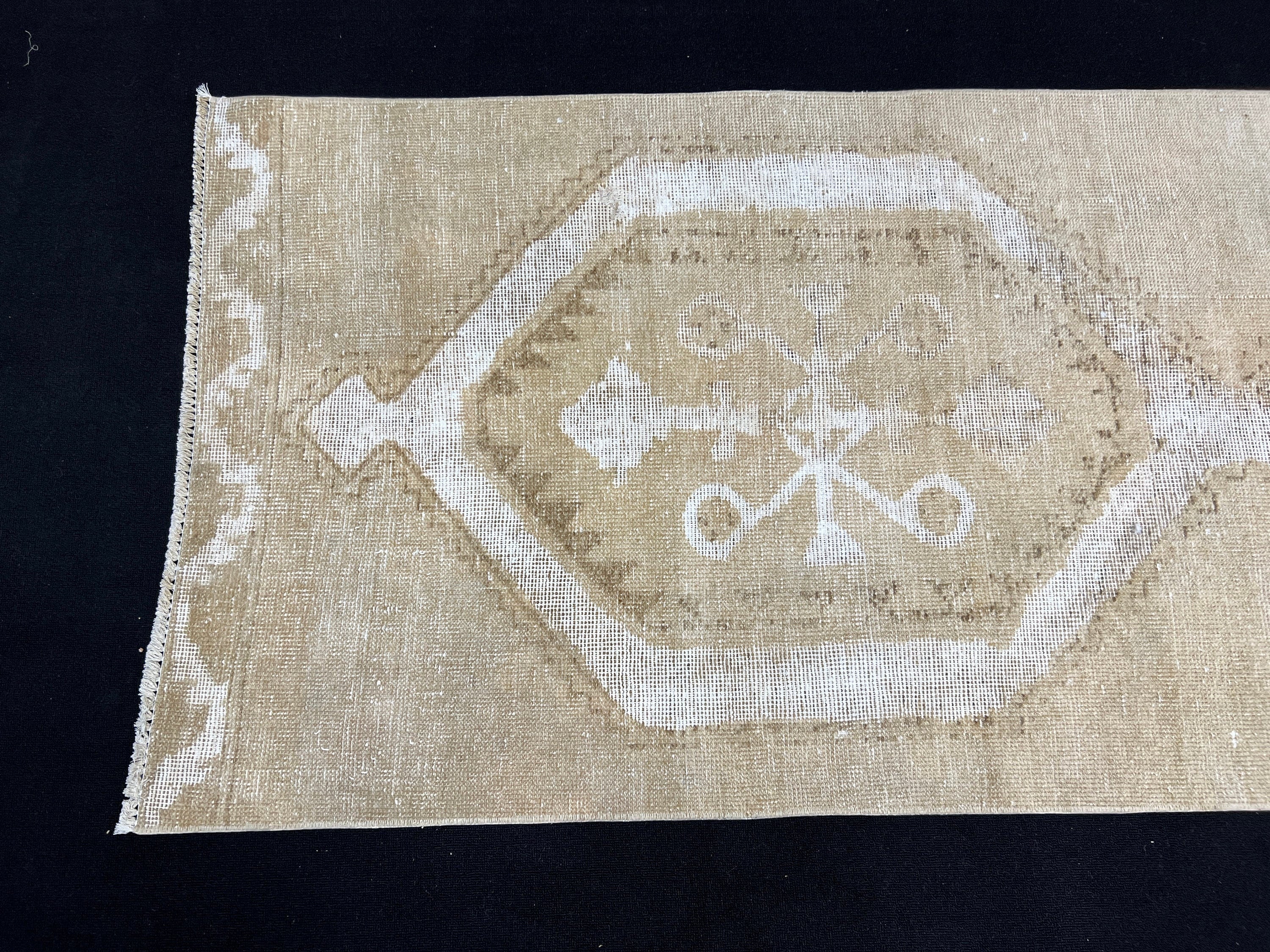 Neutral Distressed Oushak Runner Rug: 3x12 ft Vintage Turkish Hand-Knotted Wool