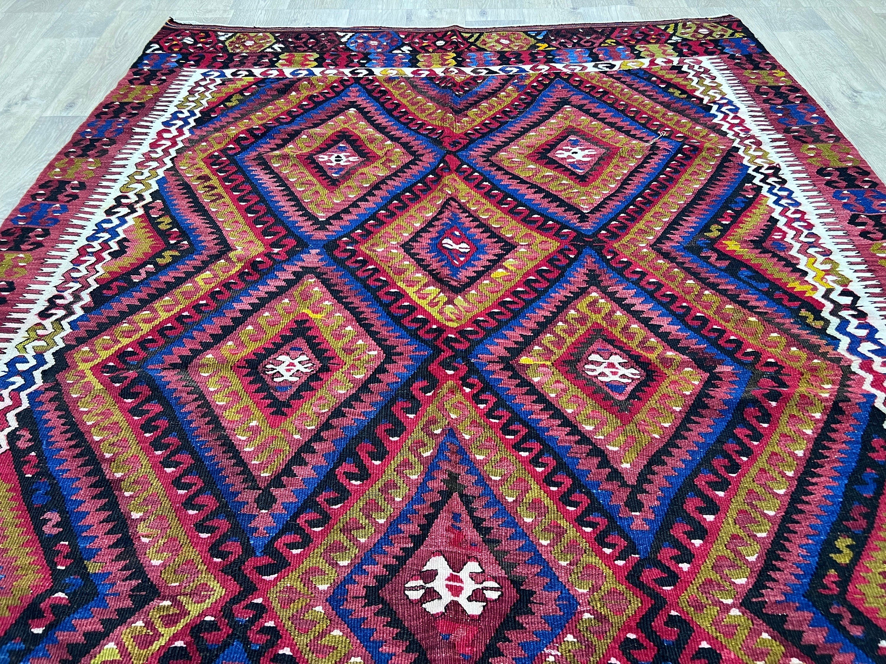 Vintage Turkish Kilim Rug: 6x9 Blue Geometric Wool Rug