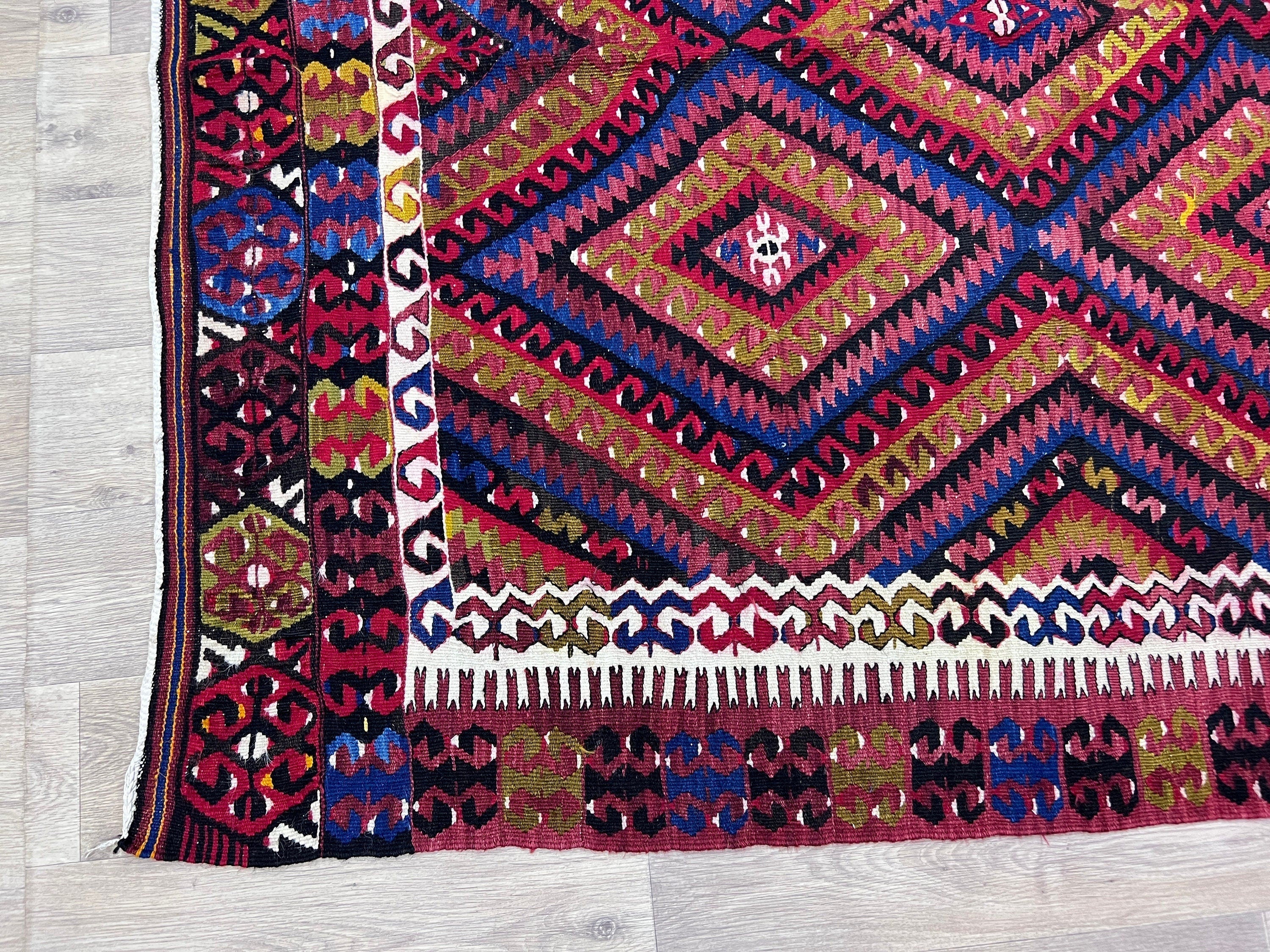Vintage Turkish Kilim Rug: 6x9 Blue Geometric Wool Rug