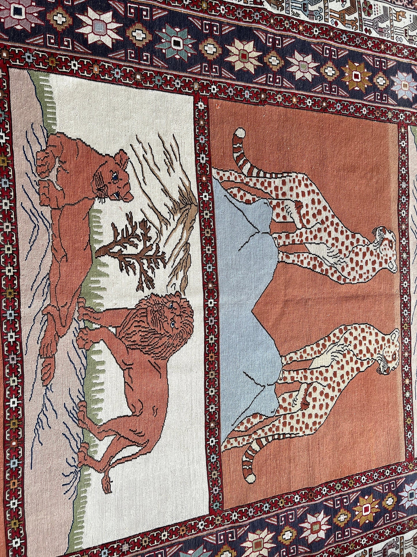 Vintage Soumak Rug: 6.10x9.60 ft, Turkish Animal Design Rug