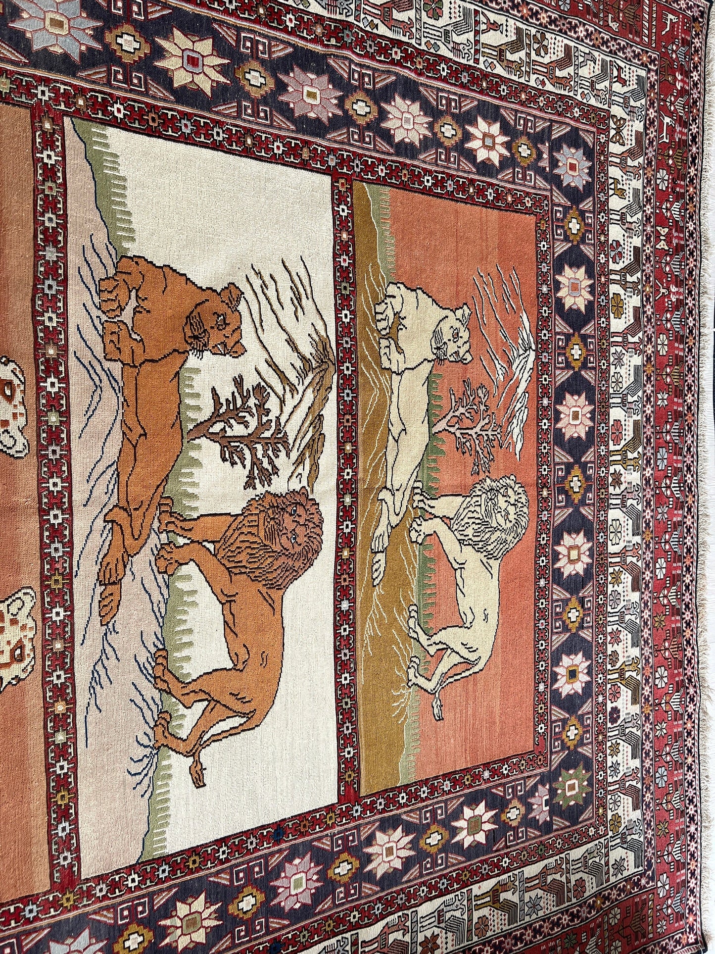 Vintage Soumak Rug: 6.10x9.60 ft, Turkish Animal Design Rug