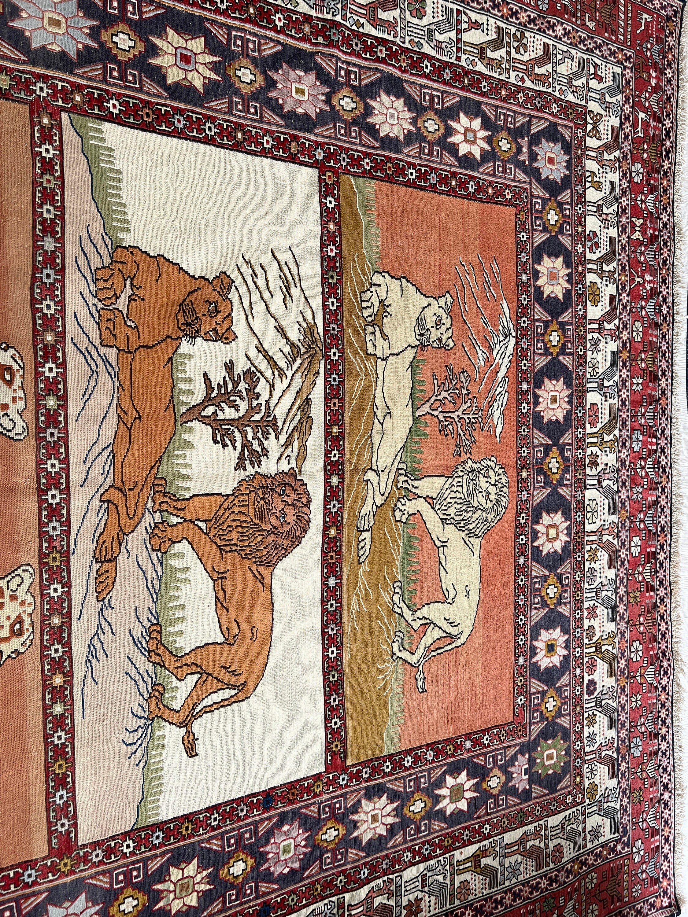 Vintage Soumak Rug: 6.10x9.60 ft, Turkish Animal Design Rug