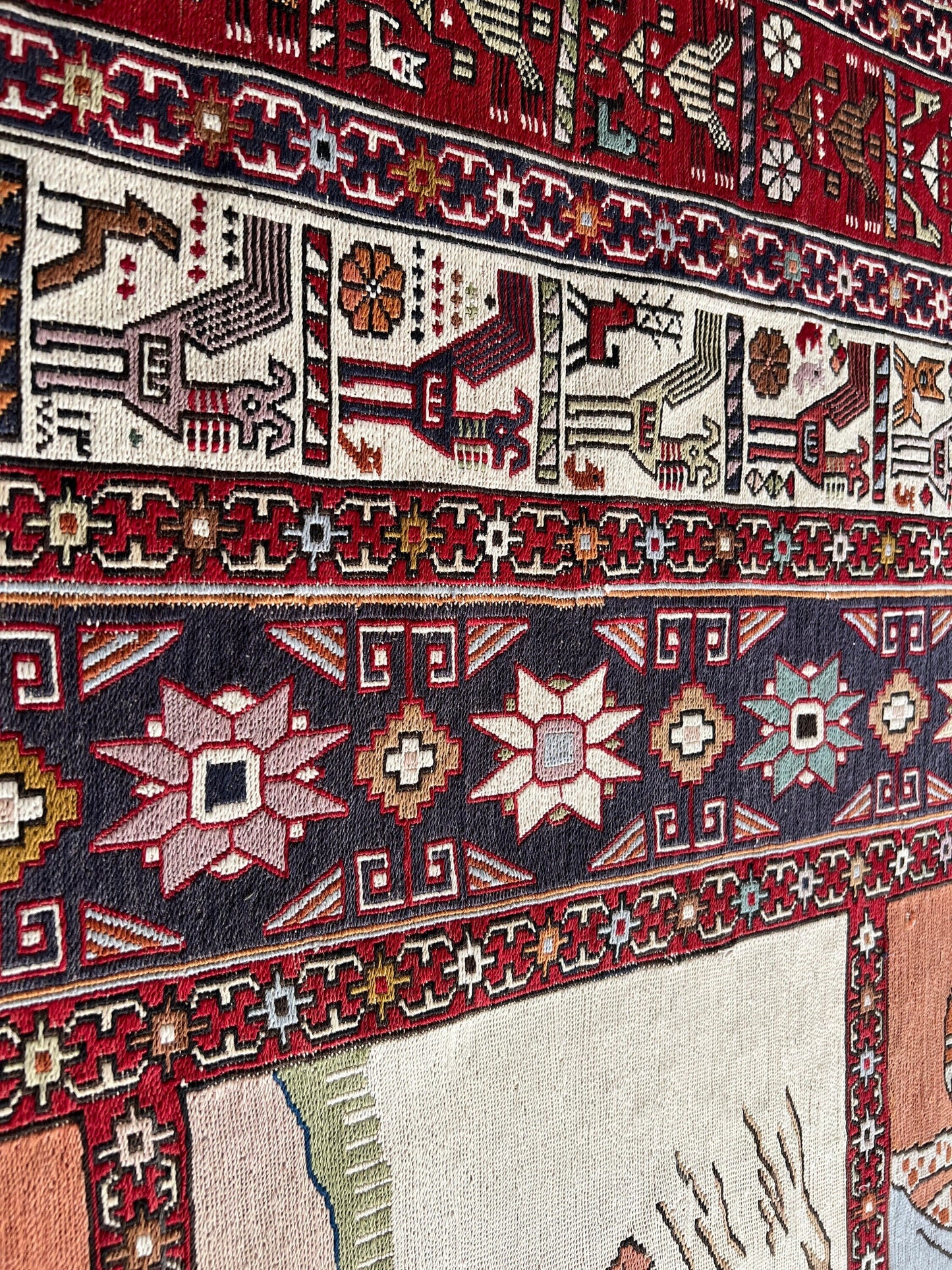 Vintage Soumak Rug: 6.10x9.60 ft, Turkish Animal Design Rug