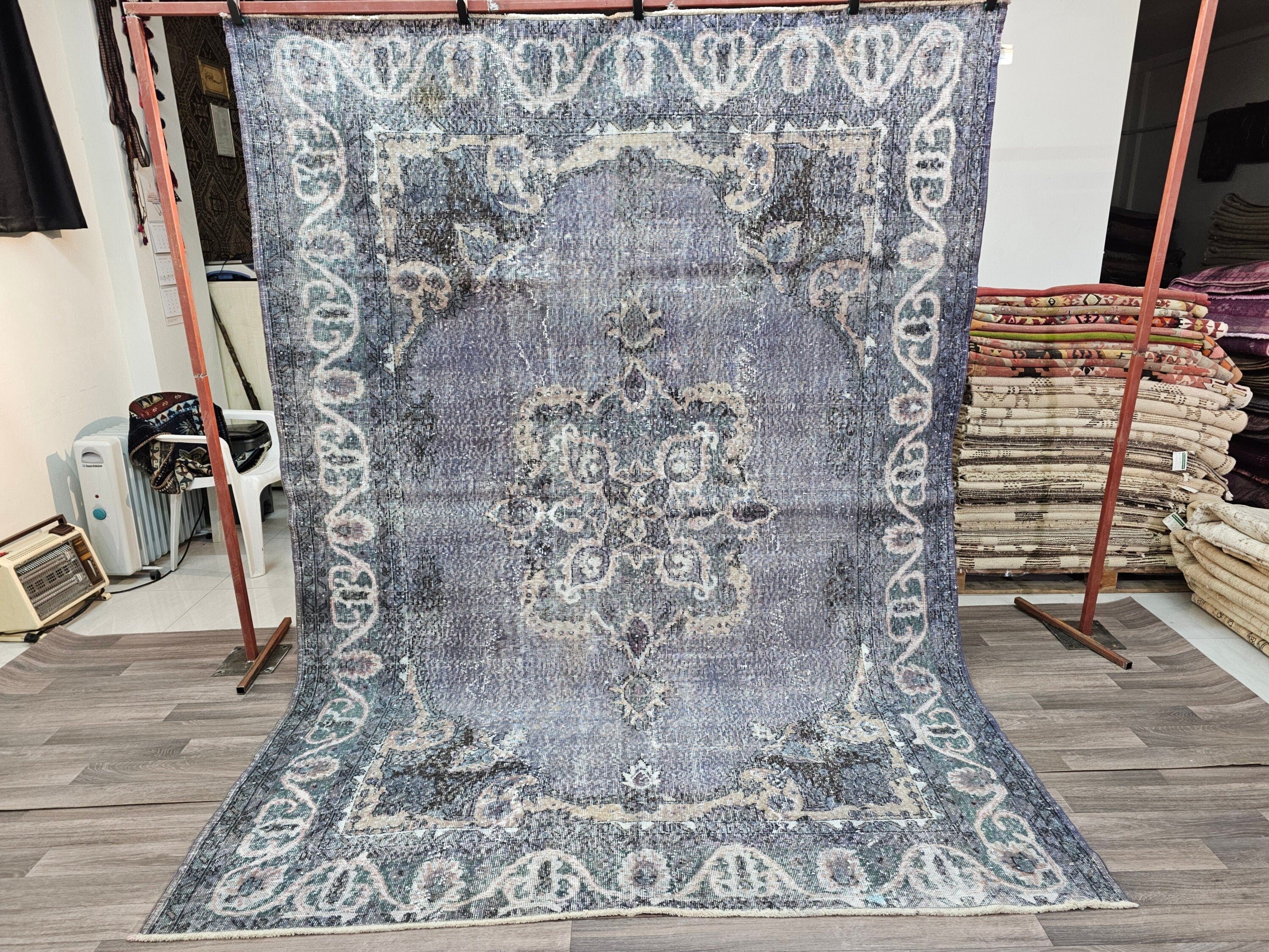 Vintage Navy Blue Turkish Oushak Rug (7x9.5 ft) Wool Area Rug