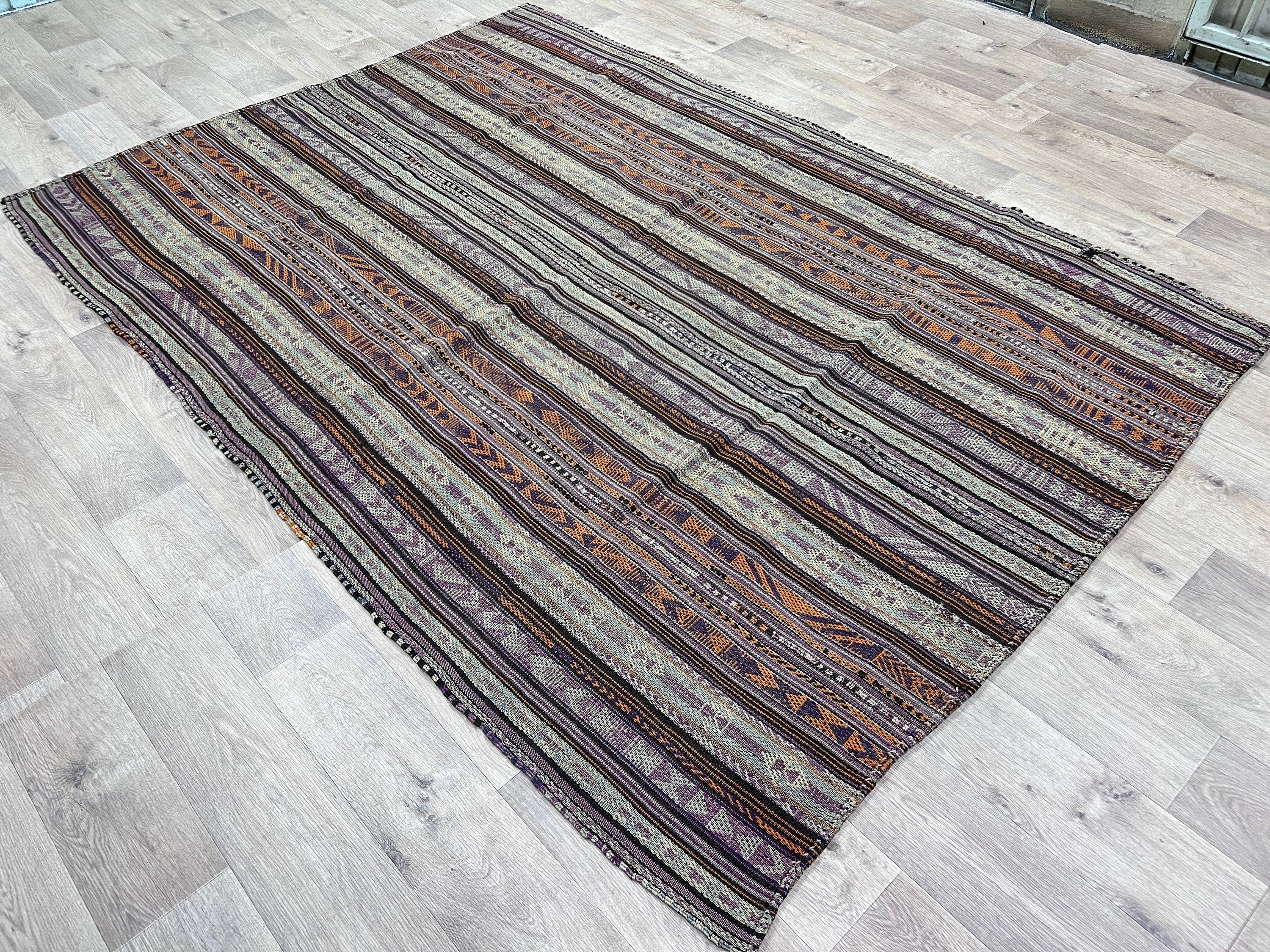 Striped Vintage Turkish Kilim Rug: Handwoven Wool, 5.85x8.30 ft