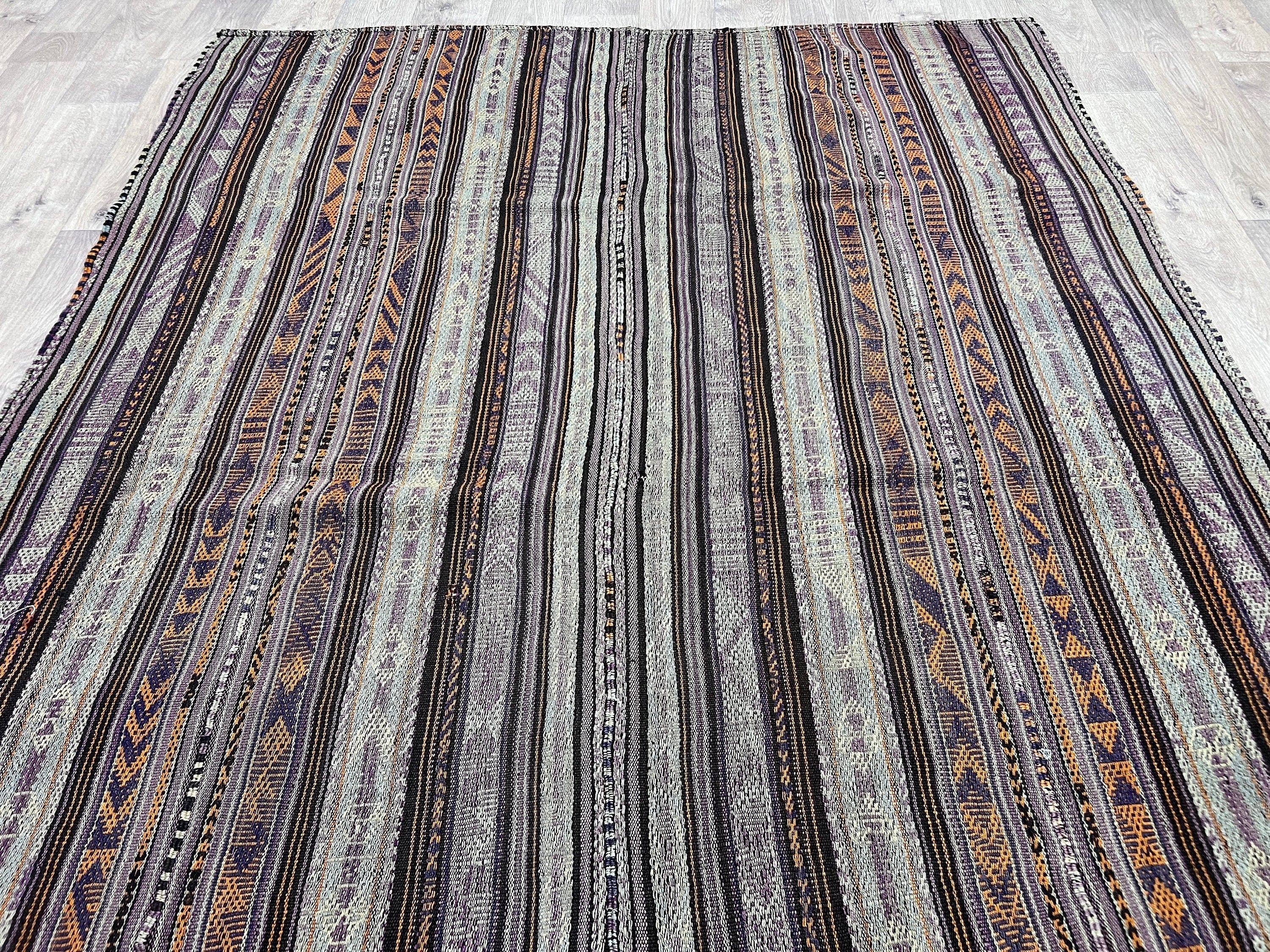 Striped Vintage Turkish Kilim Rug: Handwoven Wool, 5.85x8.30 ft