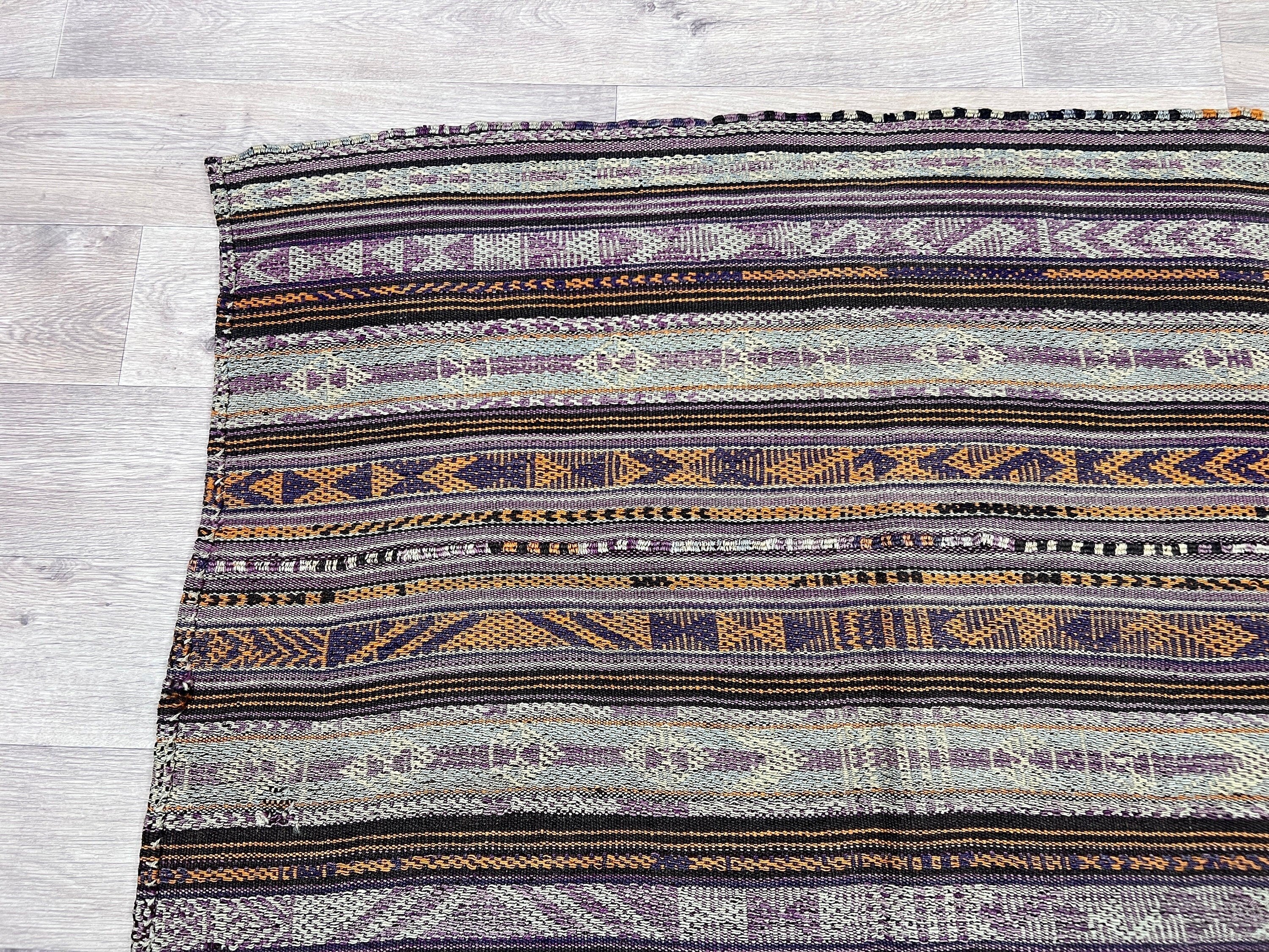 Striped Vintage Turkish Kilim Rug: Handwoven Wool, 5.85x8.30 ft