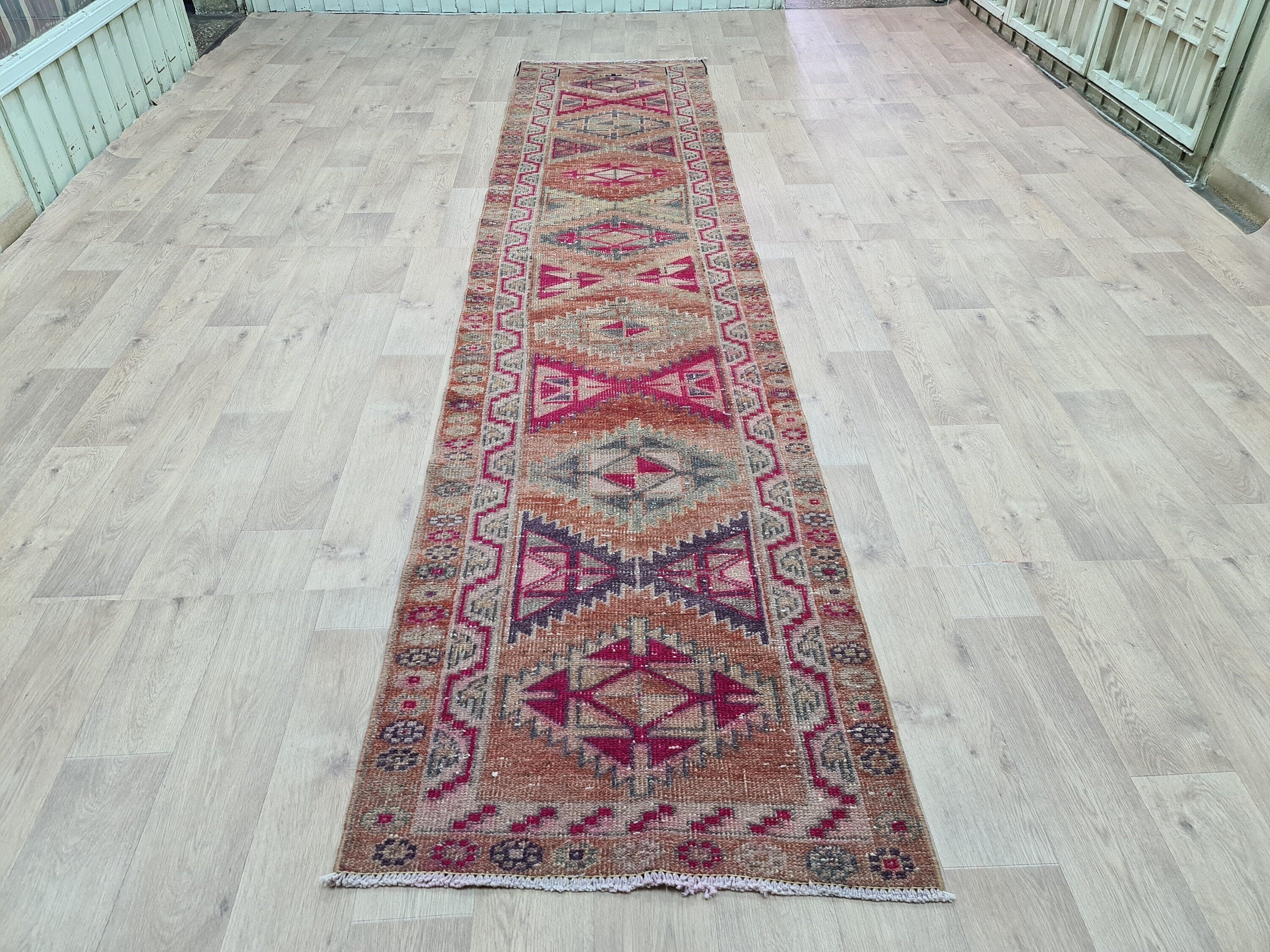 Hand Knotted Herki Runner Rug: Muted Colorful Vintage Stair Runner (2.9x13 ft)