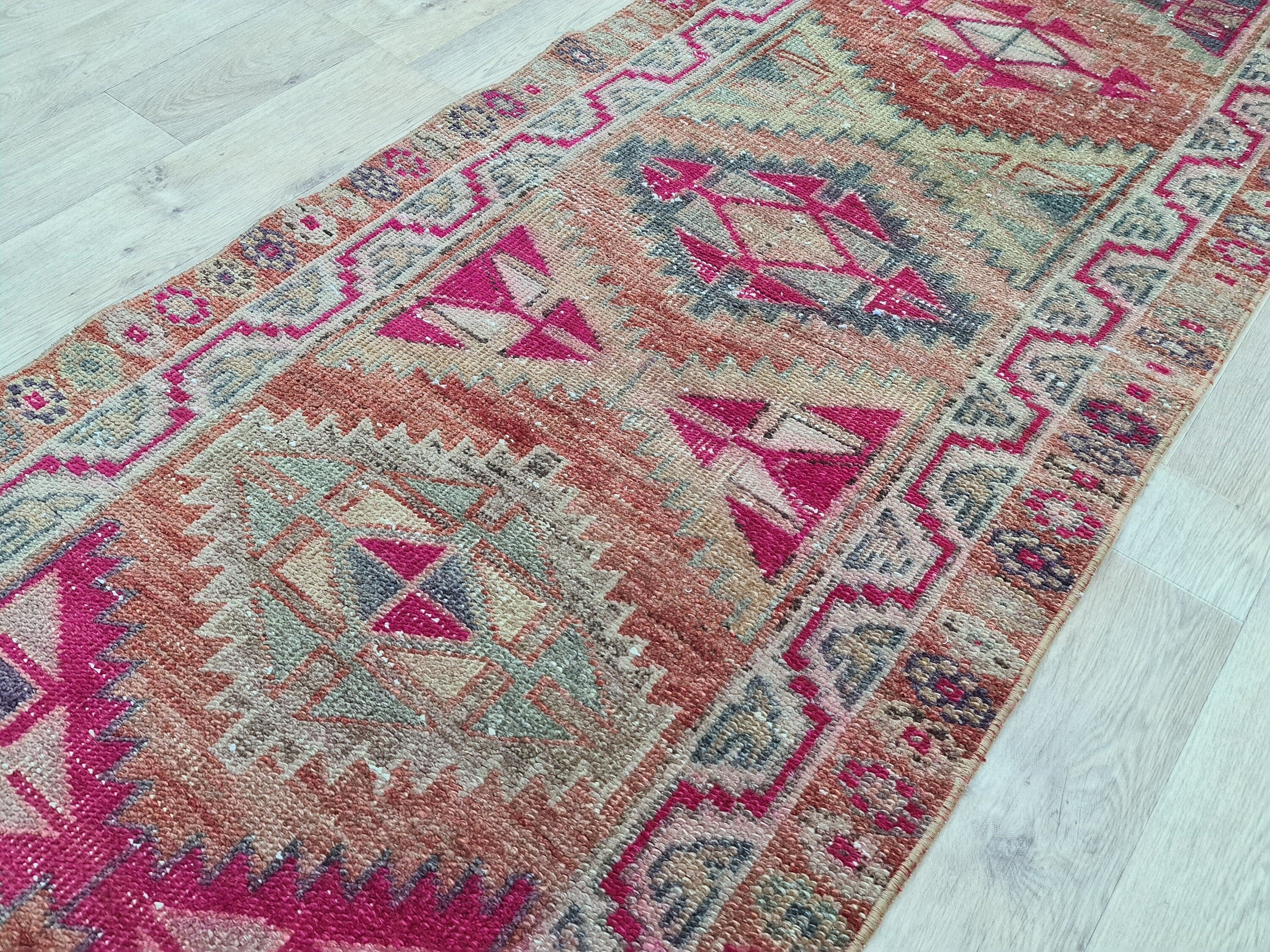 Hand Knotted Herki Runner Rug: Muted Colorful Vintage Stair Runner (2.9x13 ft)