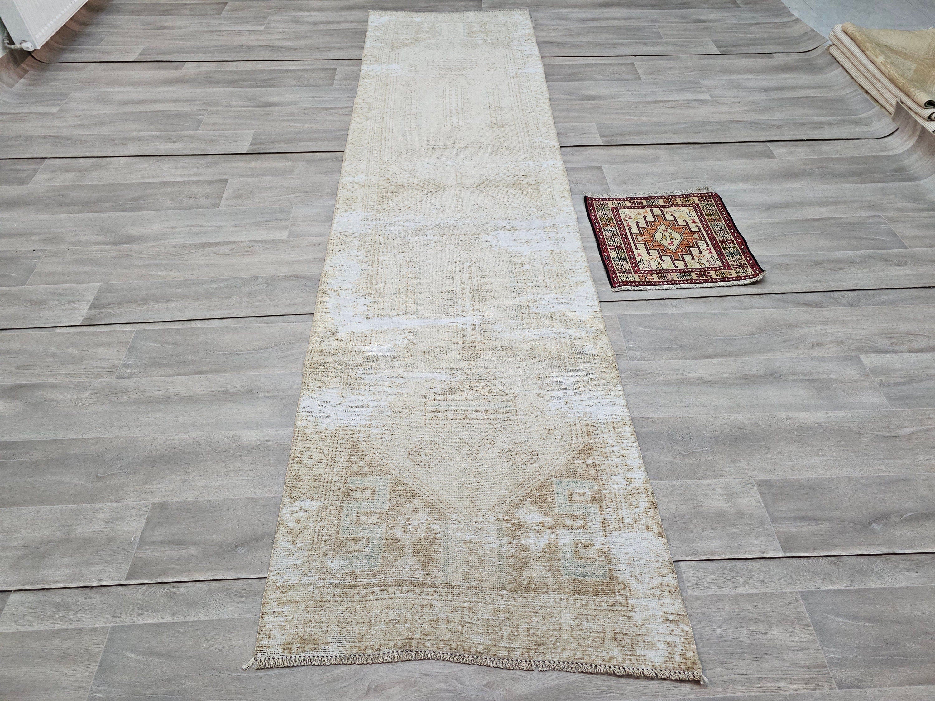 Hand Knotted Wool Runner Rug: Neutral Beige Turkish Oushak, 3x11