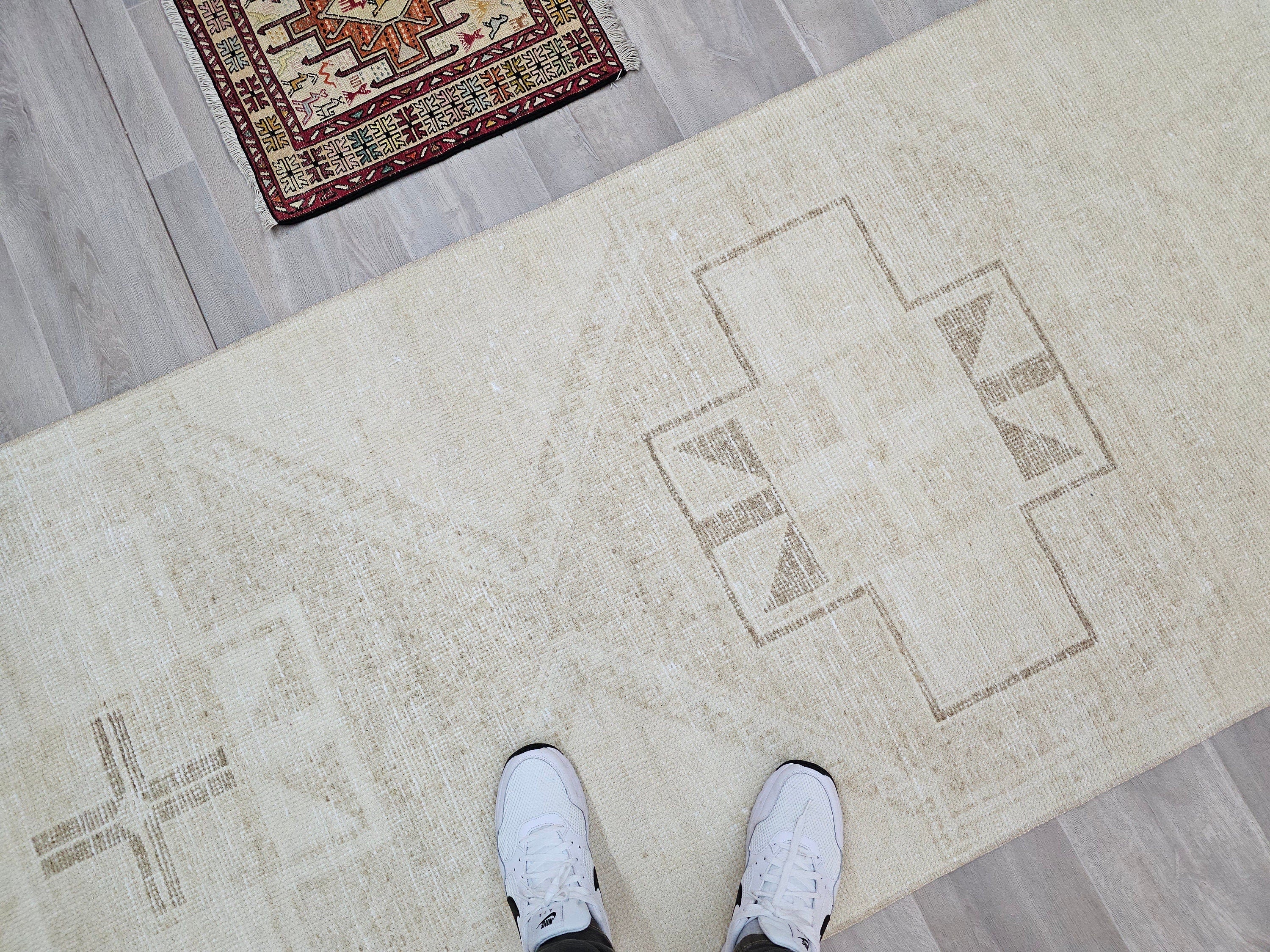 Hand Knotted Wool Oushak Runner Rug: 3x12 Neutral Turkish Rug