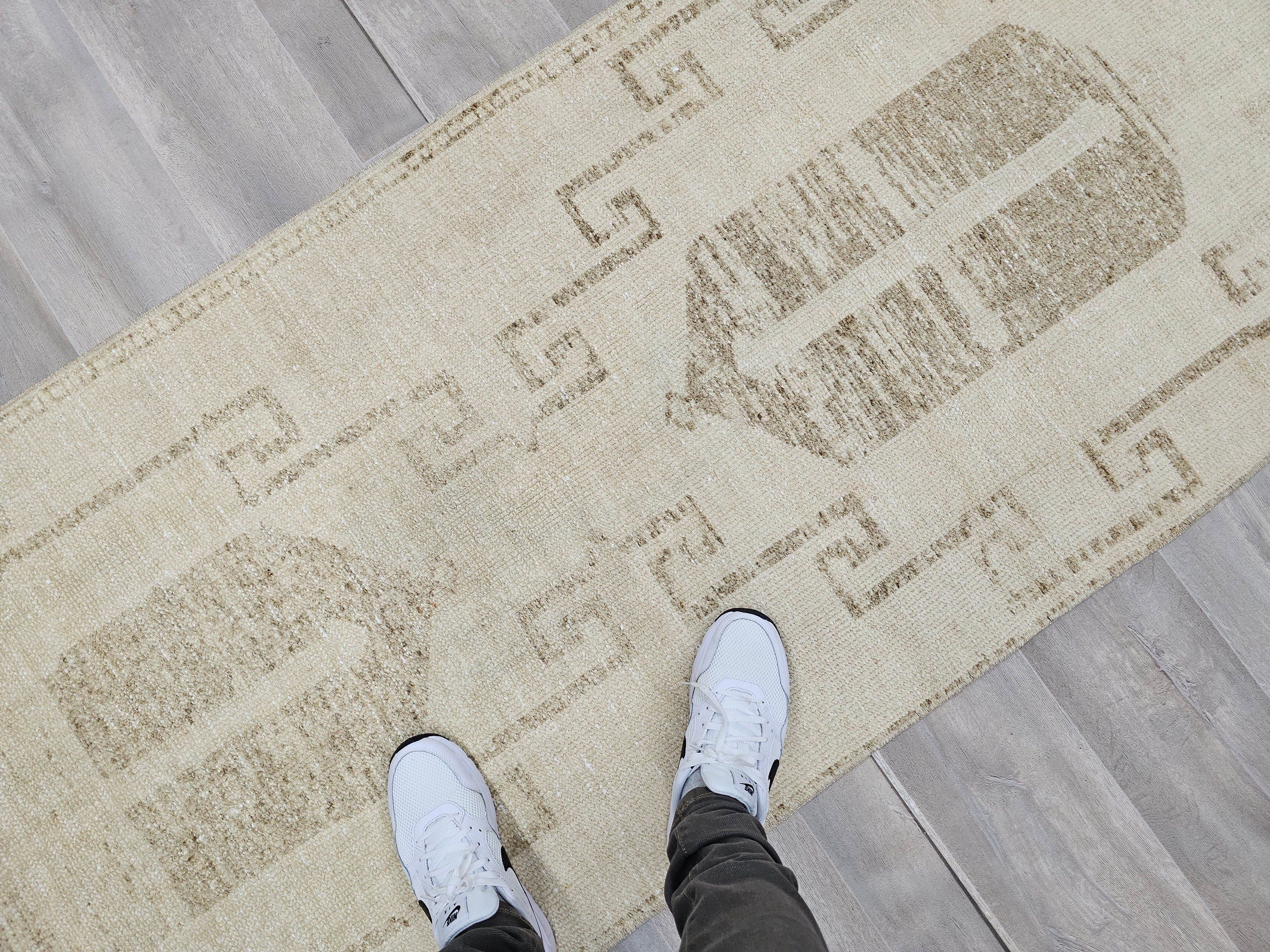 Hand Knotted Wool Turkish Runner Rug: Neutral Scandinavian Hallway Decor (3x13)
