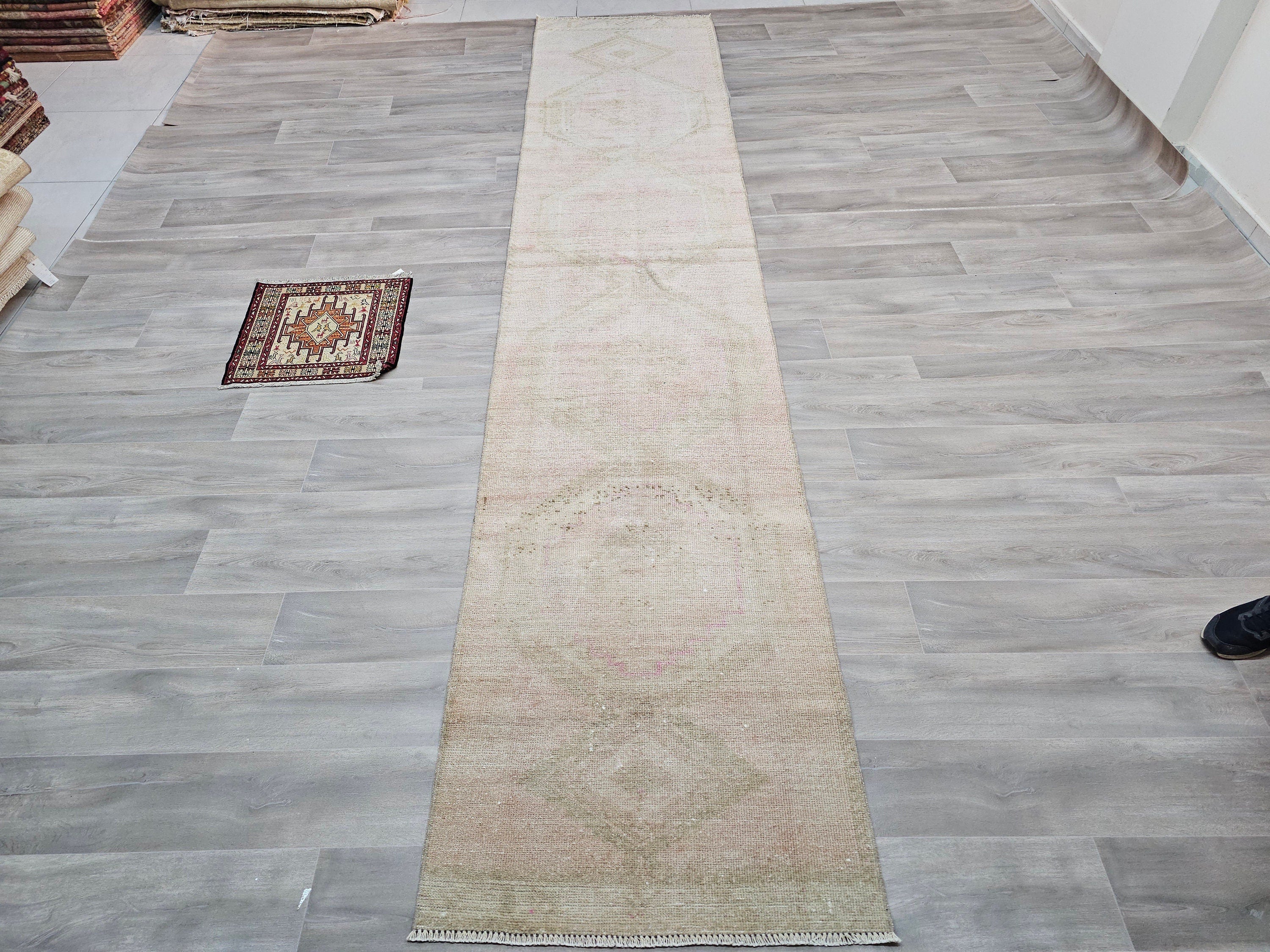 Vintage Turkish Oushak Runner Rug: 3x14 Long Neutral Wool Hallway Rug