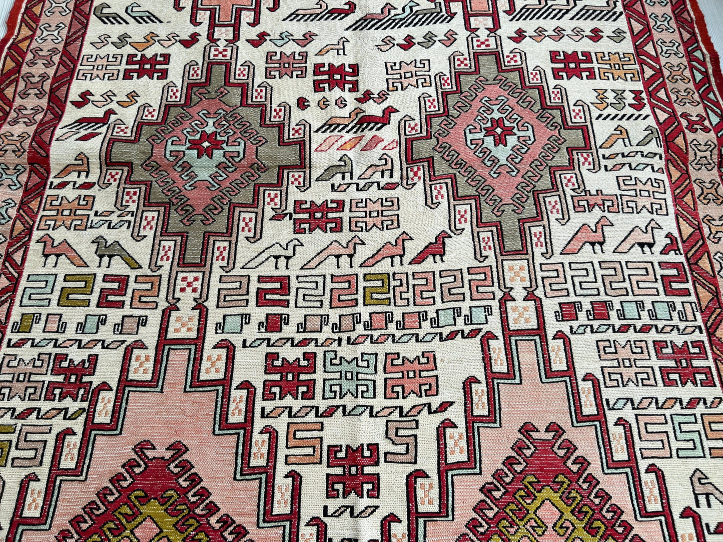 Hand Woven Silk Soumak Rug: Vintage Anatolian Animal Print (4x6)