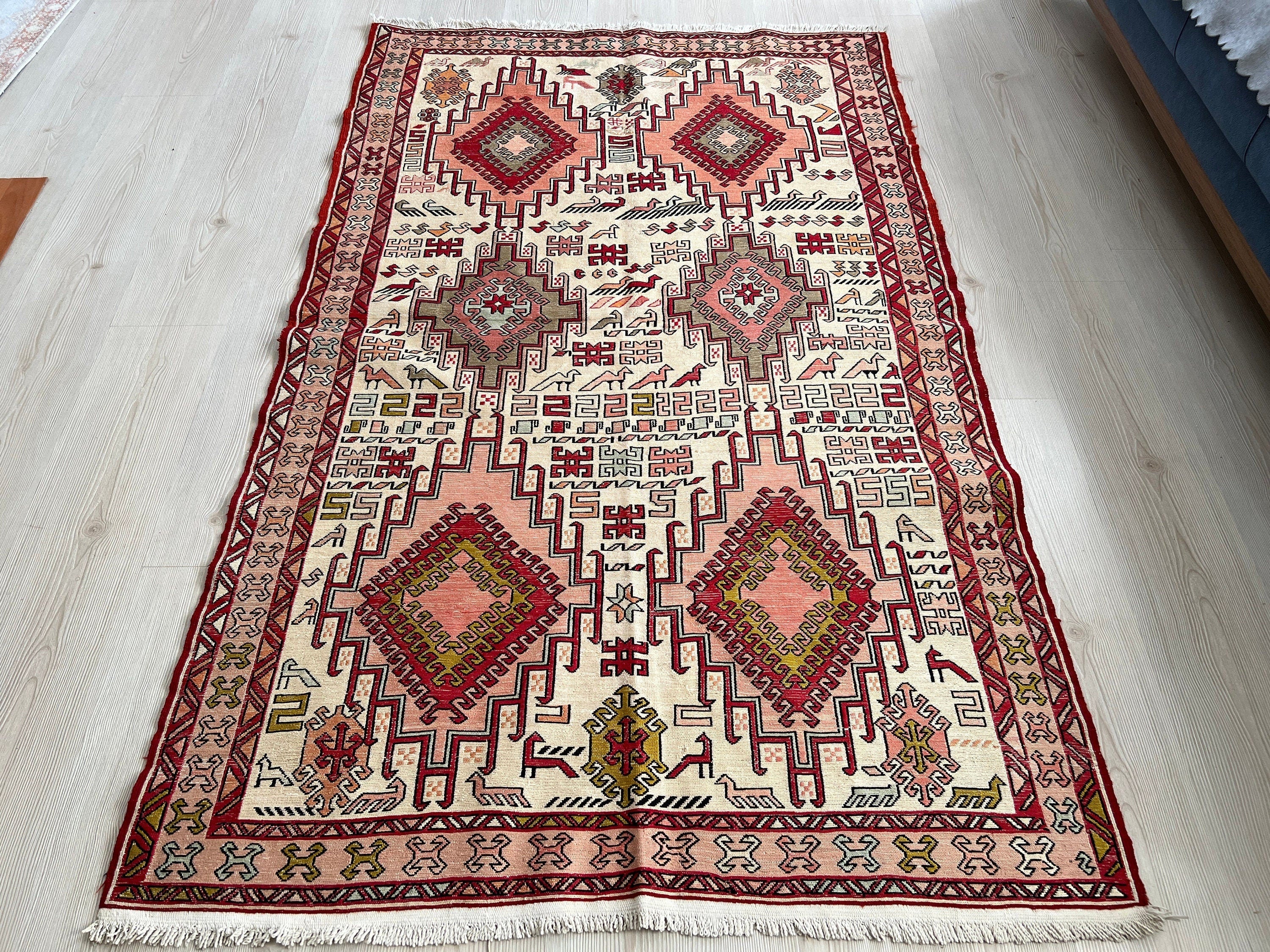 Hand Woven Silk Soumak Rug: Vintage Anatolian Animal Print (4x6)