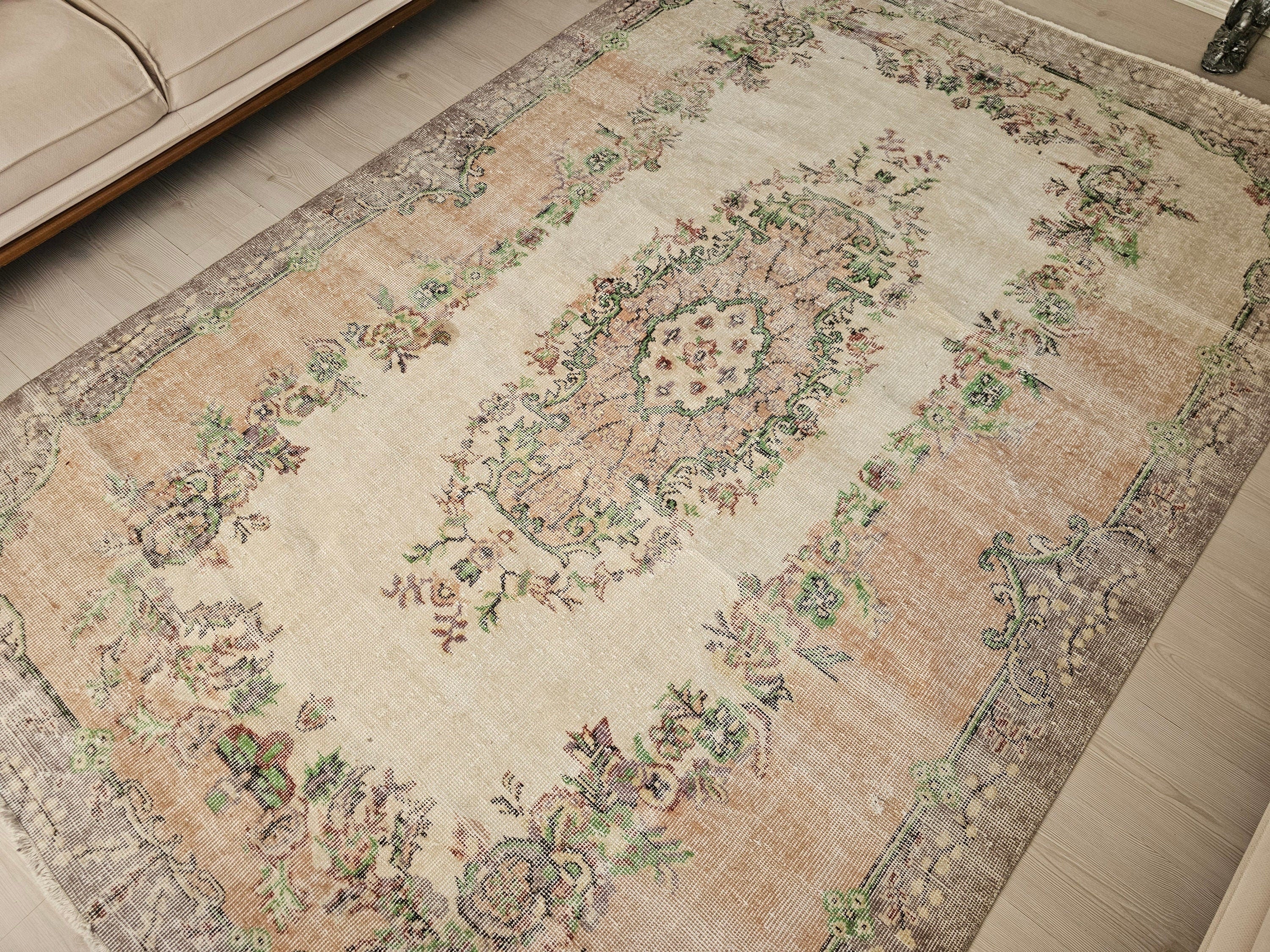 Vintage Turkish Wool Rug: 6x9 Anatolian Isparta Rug, Rustic Decor