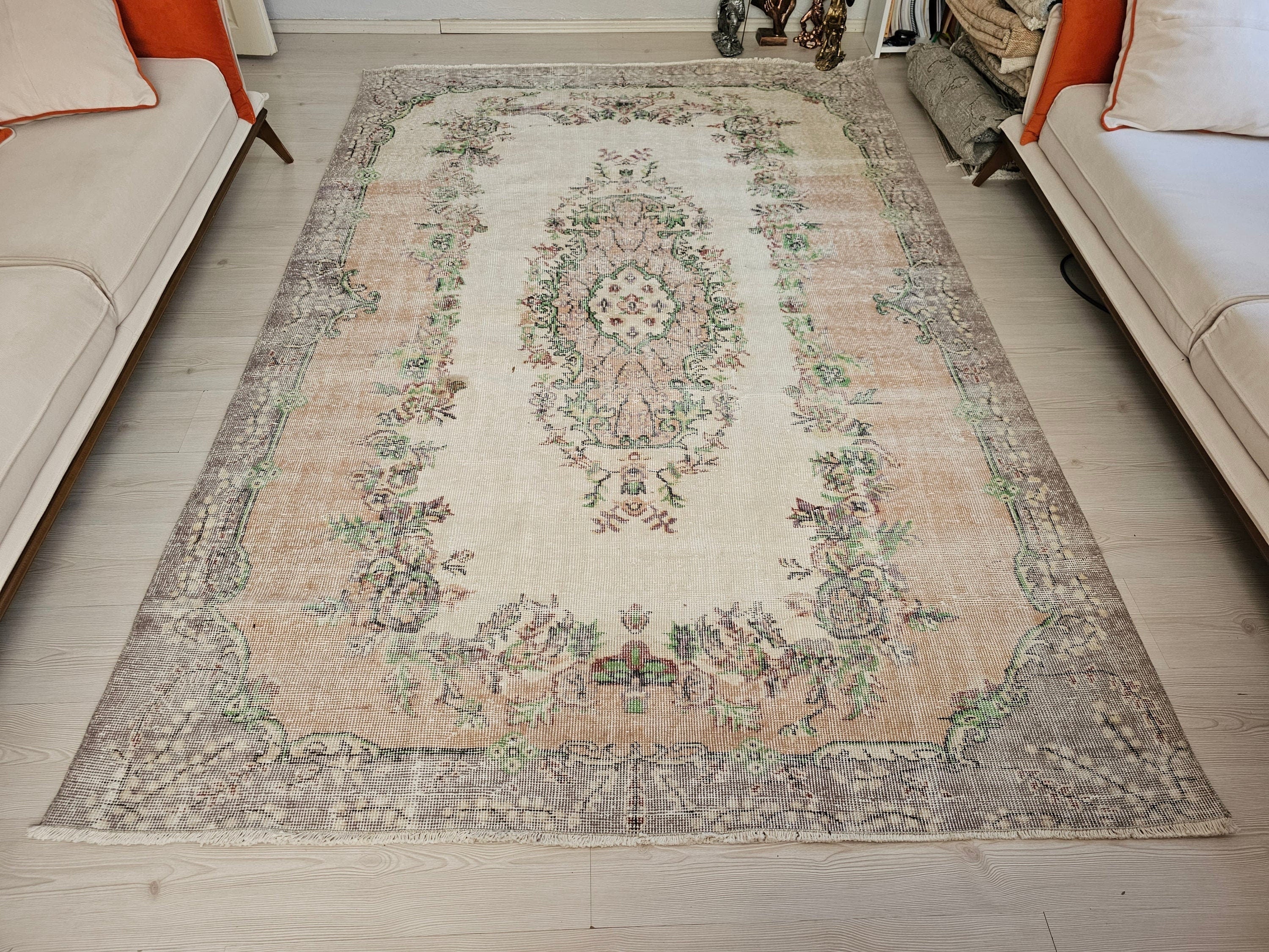 Vintage Turkish Wool Rug: 6x9 Anatolian Isparta Rug, Rustic Decor