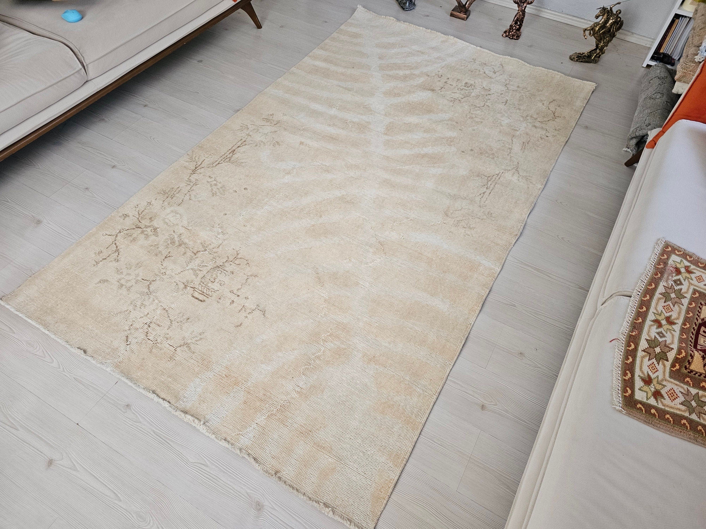 5x8 Vintage Turkish Wool Rug: Neutral Oushak Area Rug