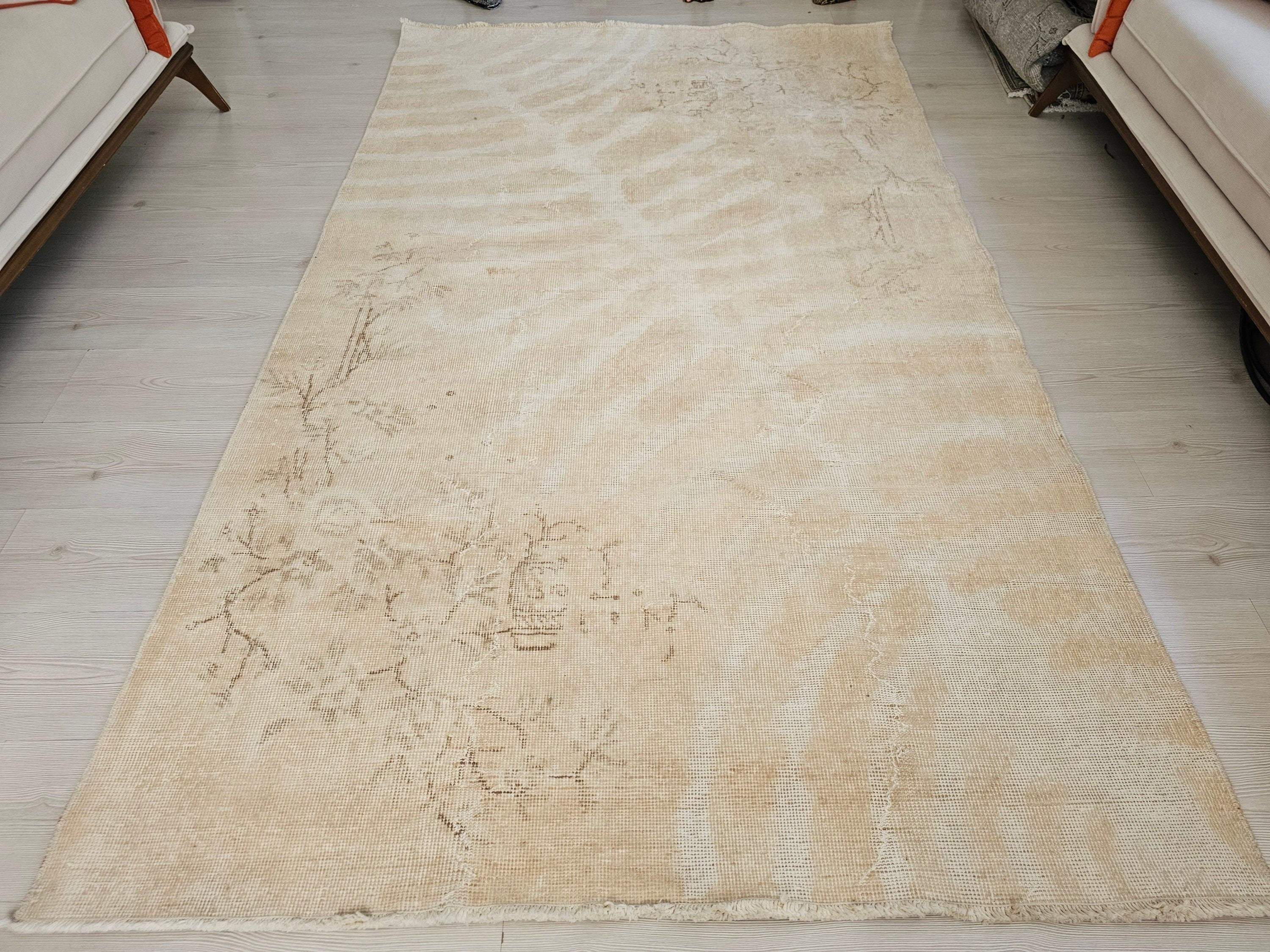 5x8 Vintage Turkish Wool Rug: Neutral Oushak Area Rug
