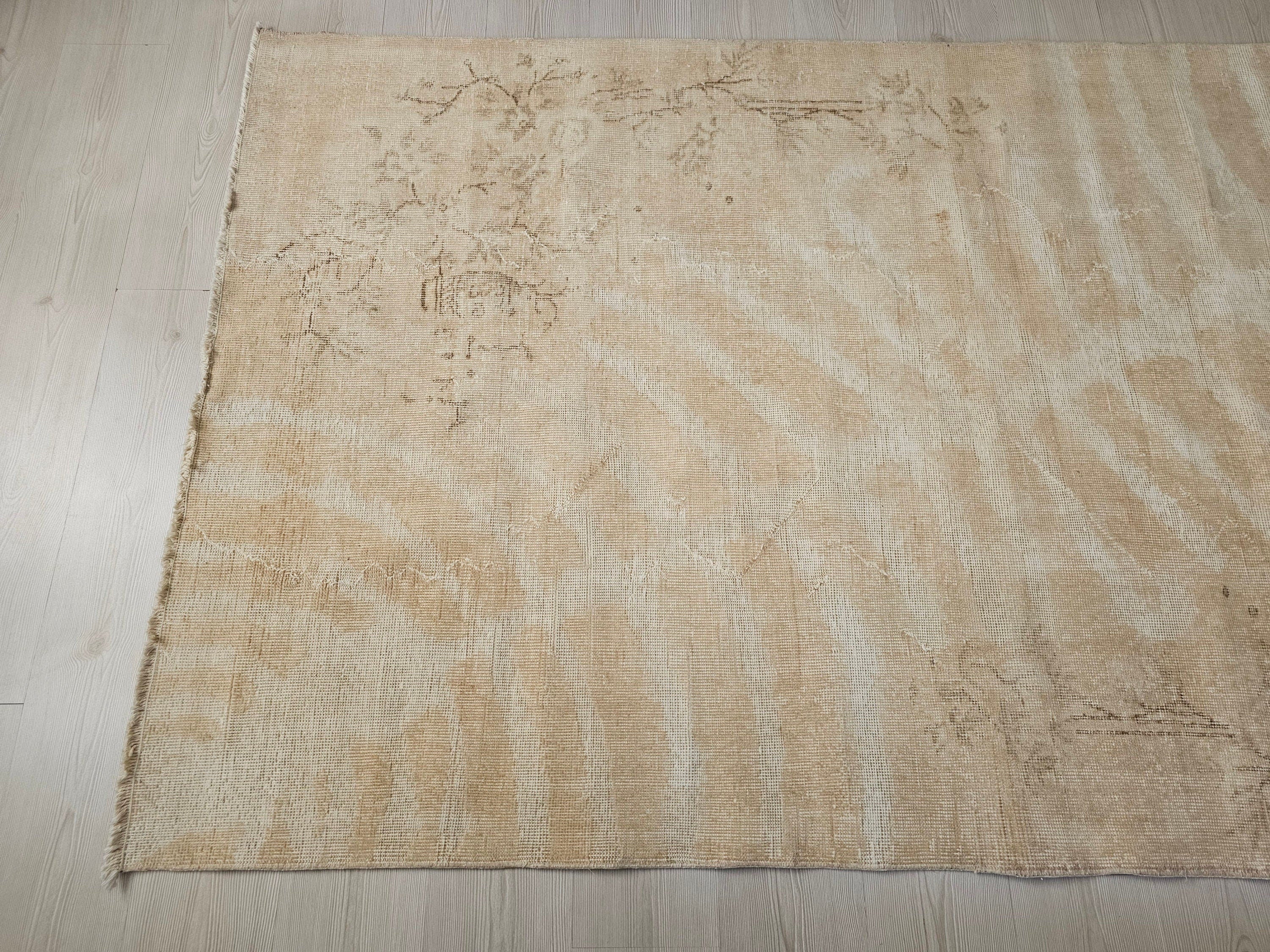 5x8 Vintage Turkish Wool Rug: Neutral Oushak Area Rug