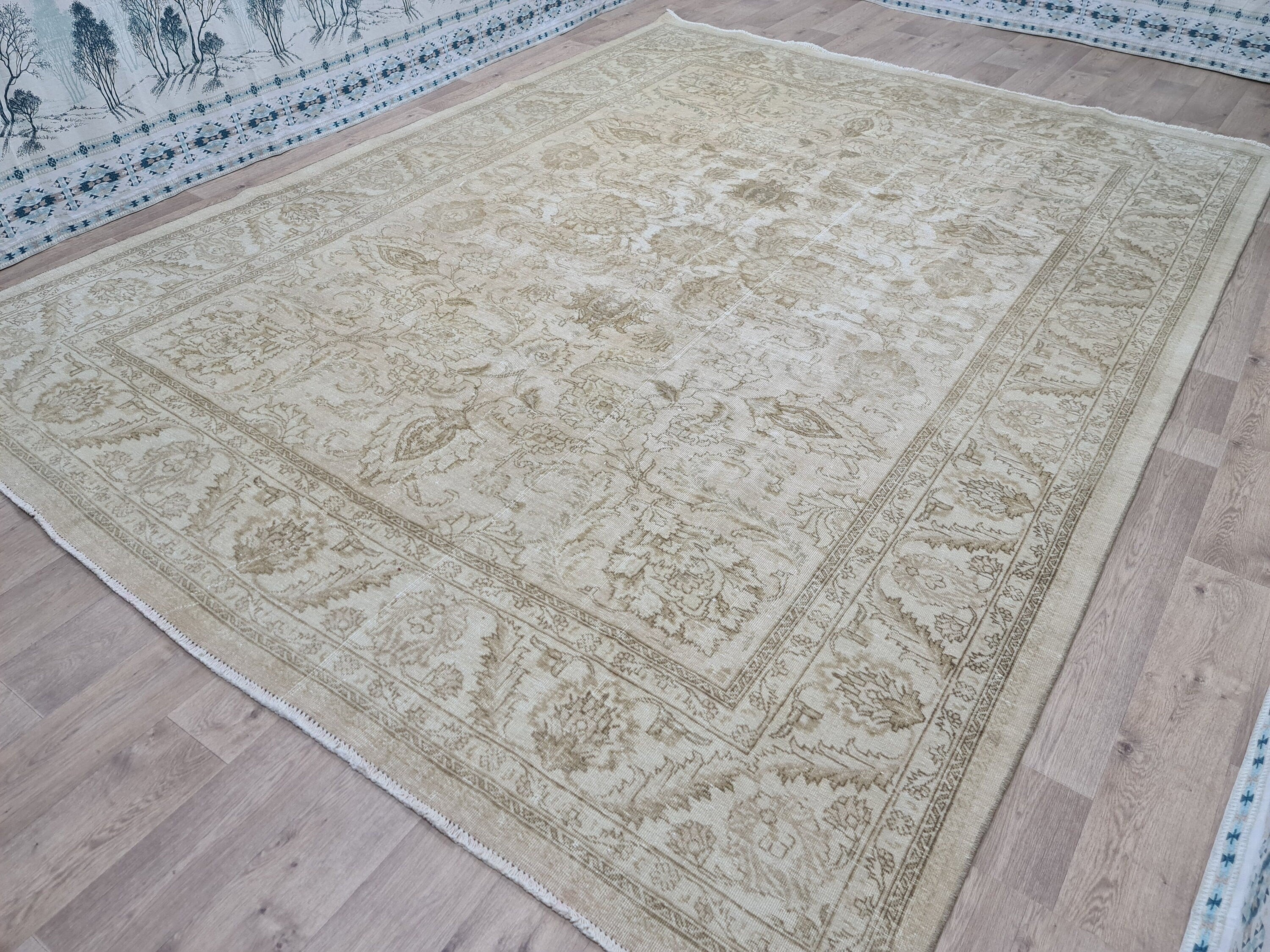 9x12 Hand Knotted Wool Rug: Vintage Turkish Oushak, Neutral Boho Decor