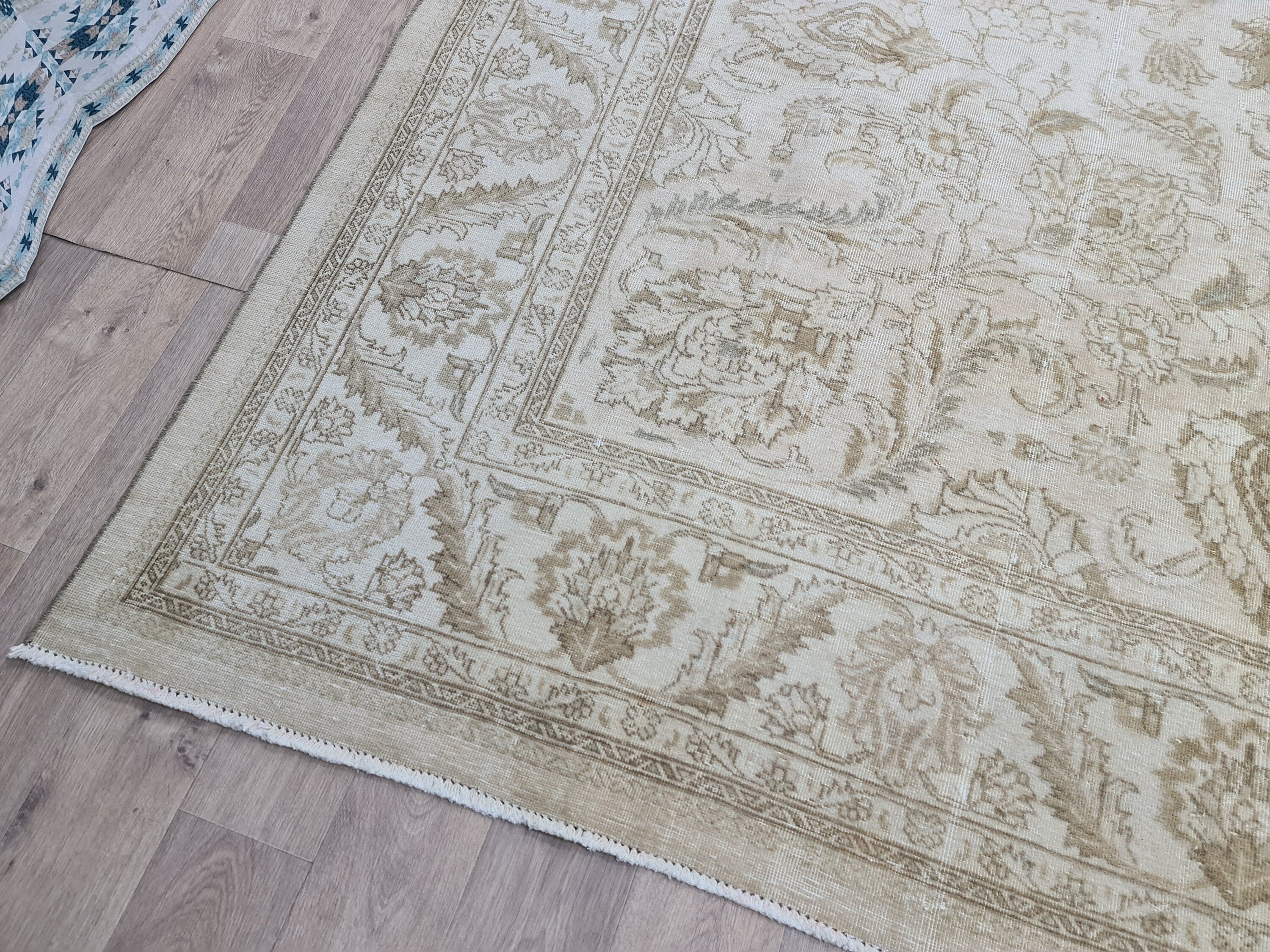 9x12 Hand Knotted Wool Rug: Vintage Turkish Oushak, Neutral Boho Decor