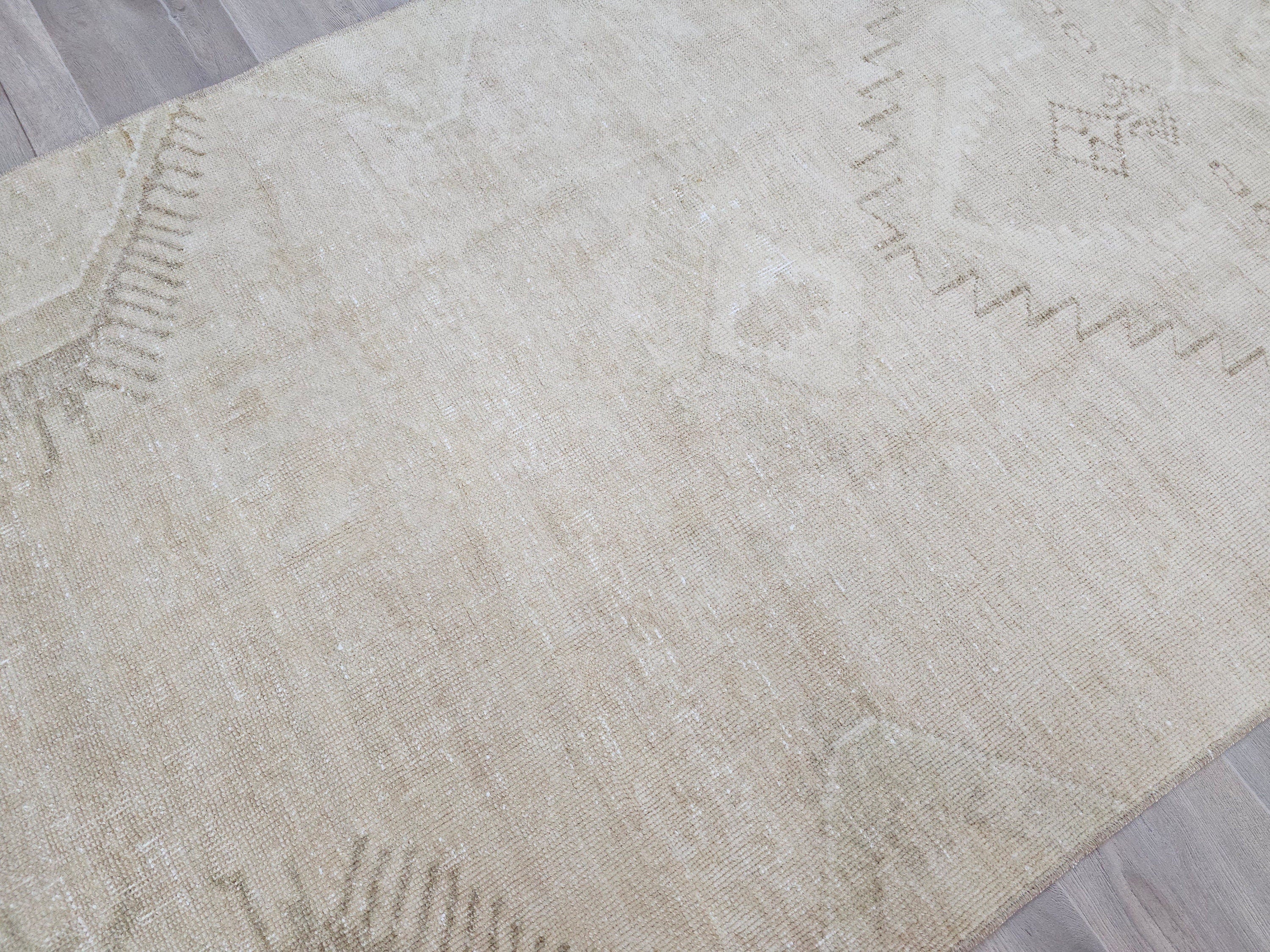 Hand Knotted Wool Turkish Runner Rug: Beige Brown Oushak, 4x12.5 ft