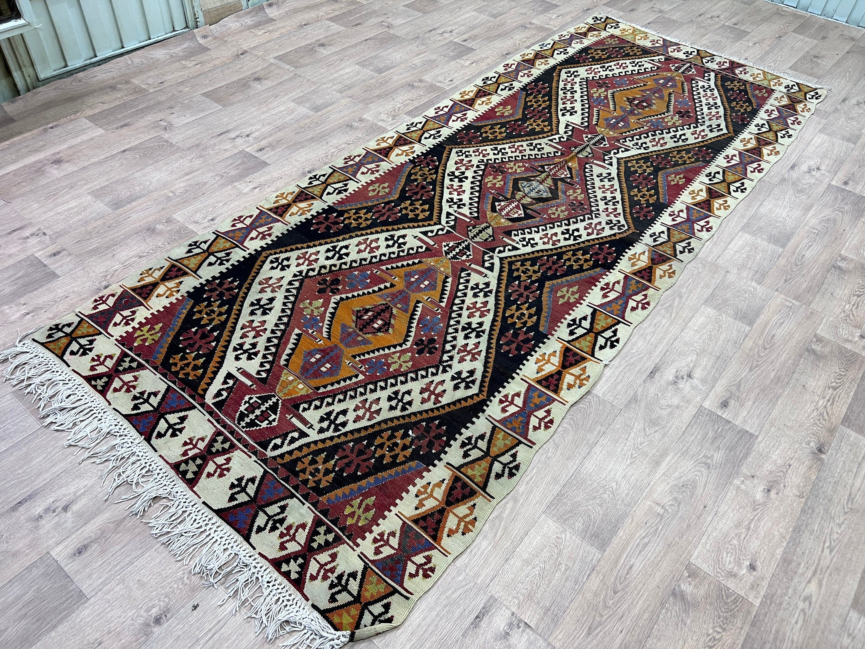 Vintage Turkish Kilim Runner: Wide Vegetable Dyed Wool Rug