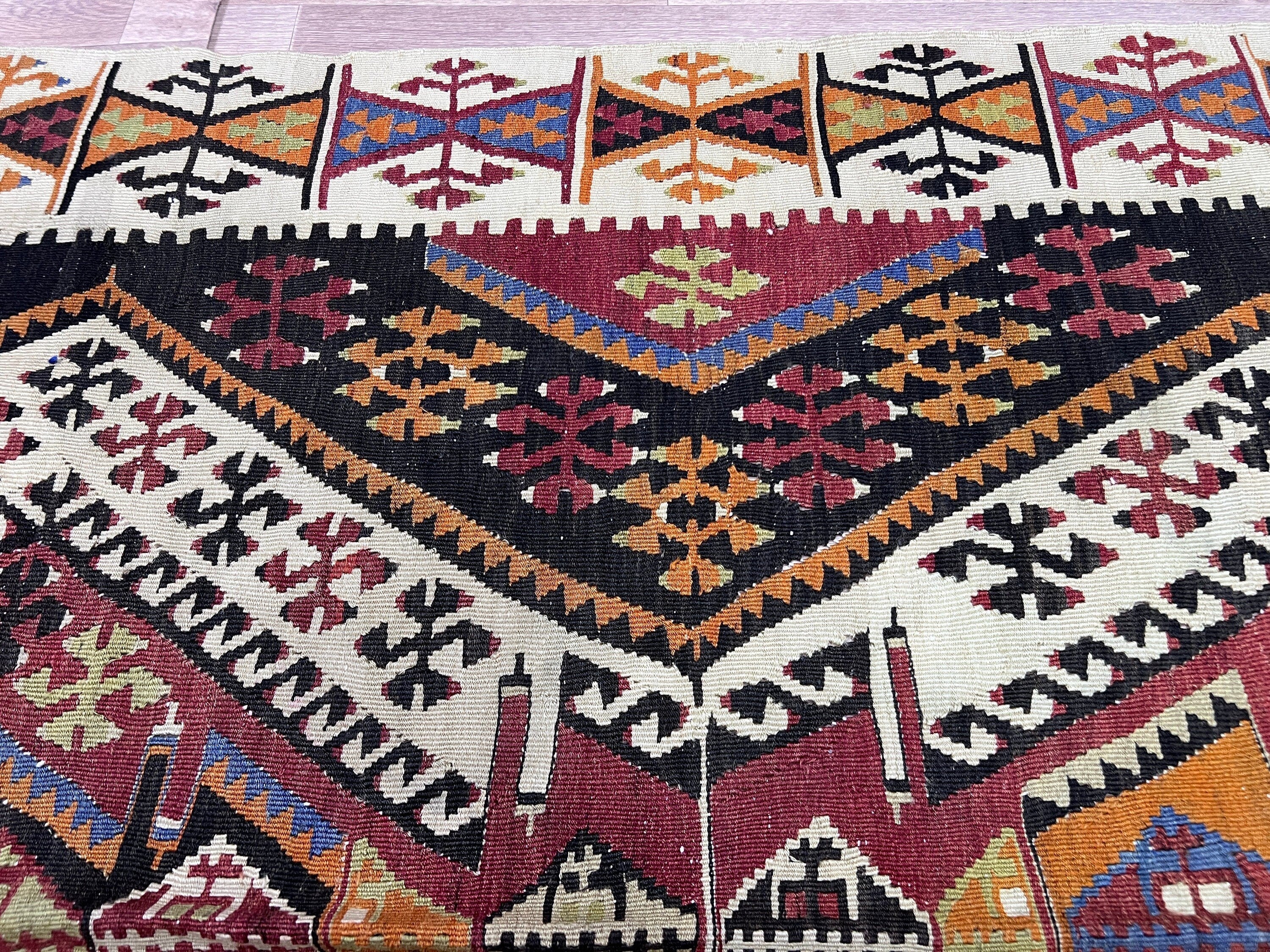Vintage Turkish Kilim Runner: Wide Vegetable Dyed Wool Rug