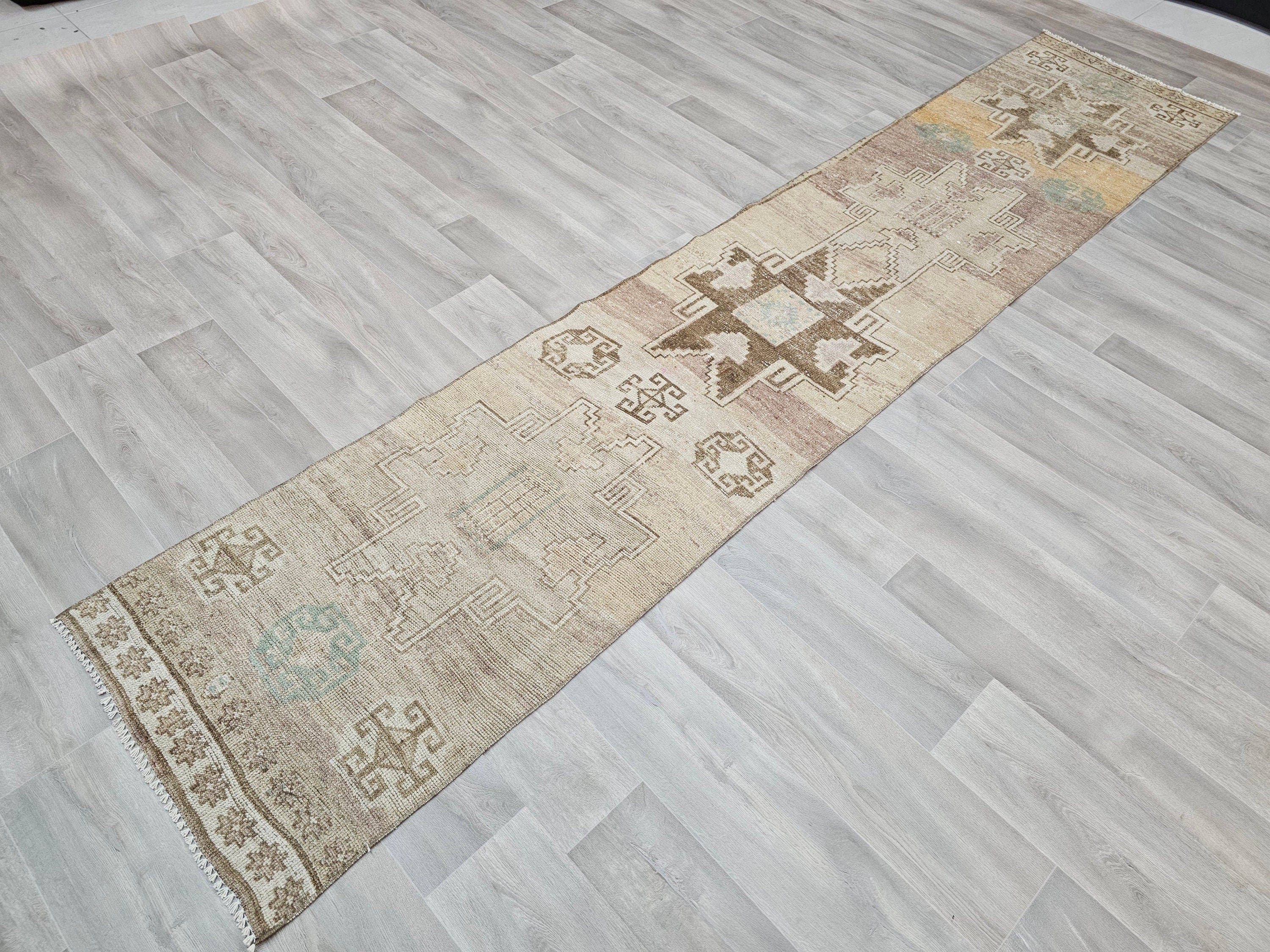 Vintage Turkish Oushak Wool Runner: 2.40x11.60 ft, Eclectic Hallway Decor
