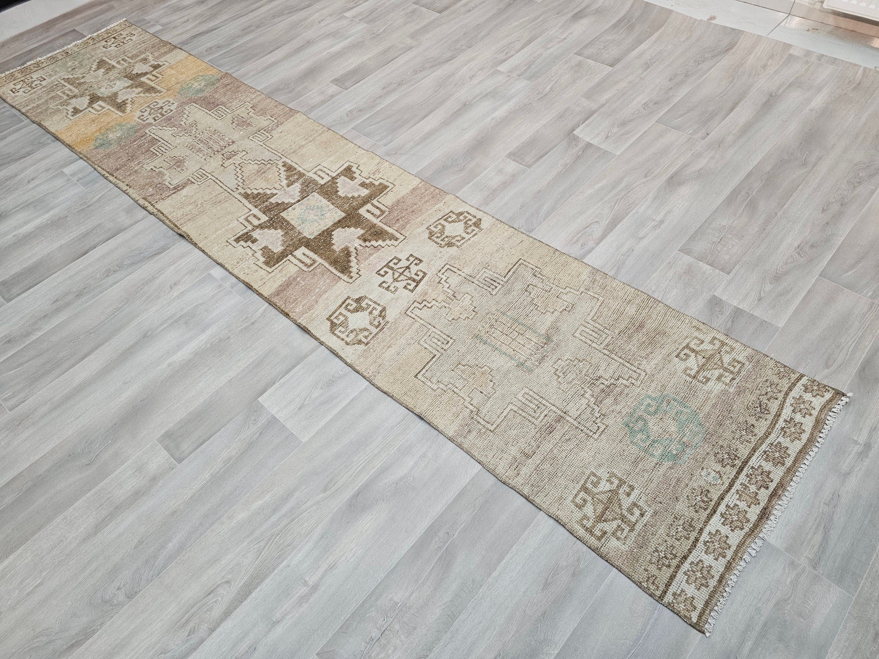Vintage Turkish Oushak Wool Runner: 2.40x11.60 ft, Eclectic Hallway Decor