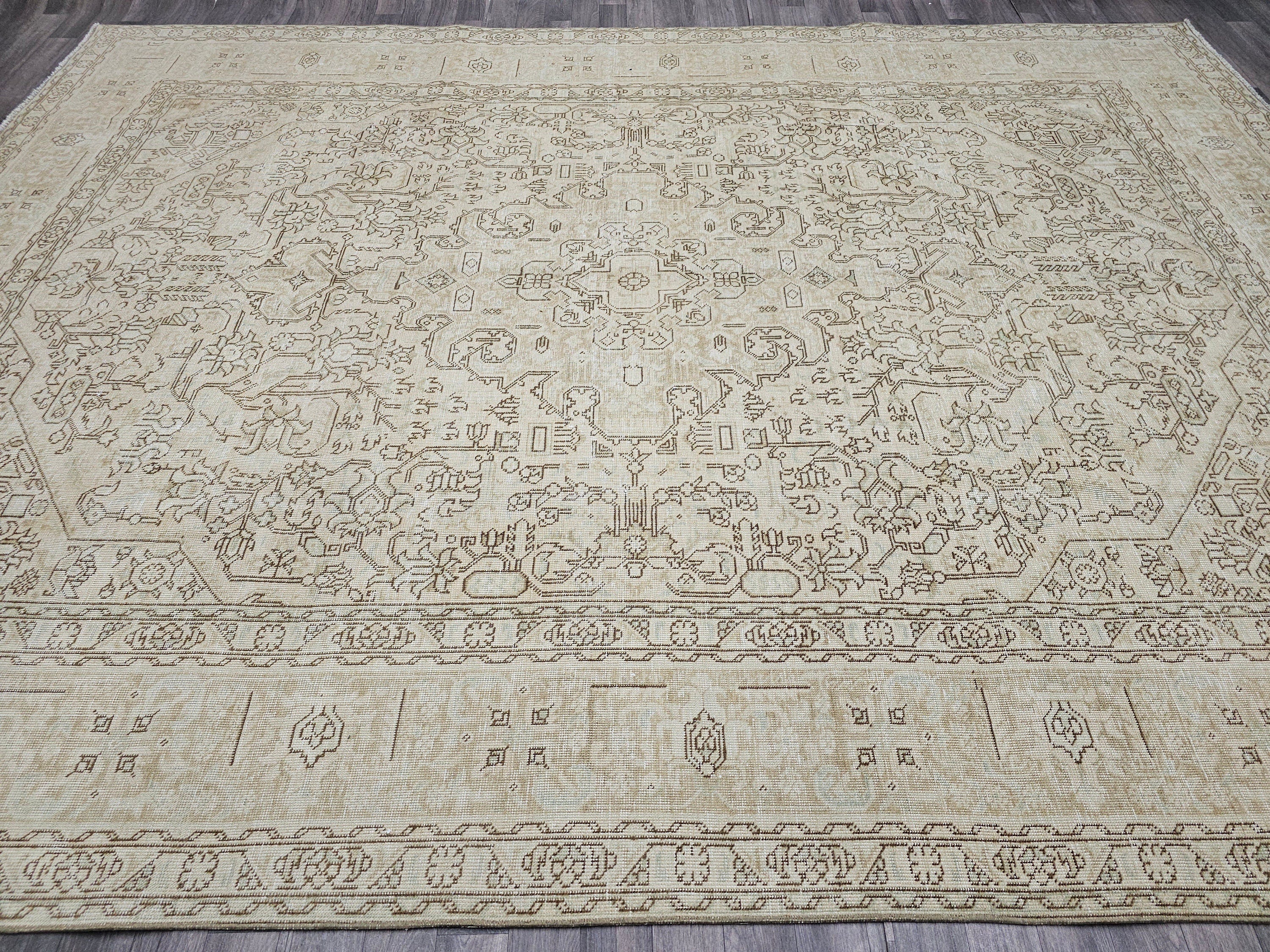 Oversize Hand Knotted Wool Rug: 9.60x12.60 ft. Vintage Turkish Geometric Carpet