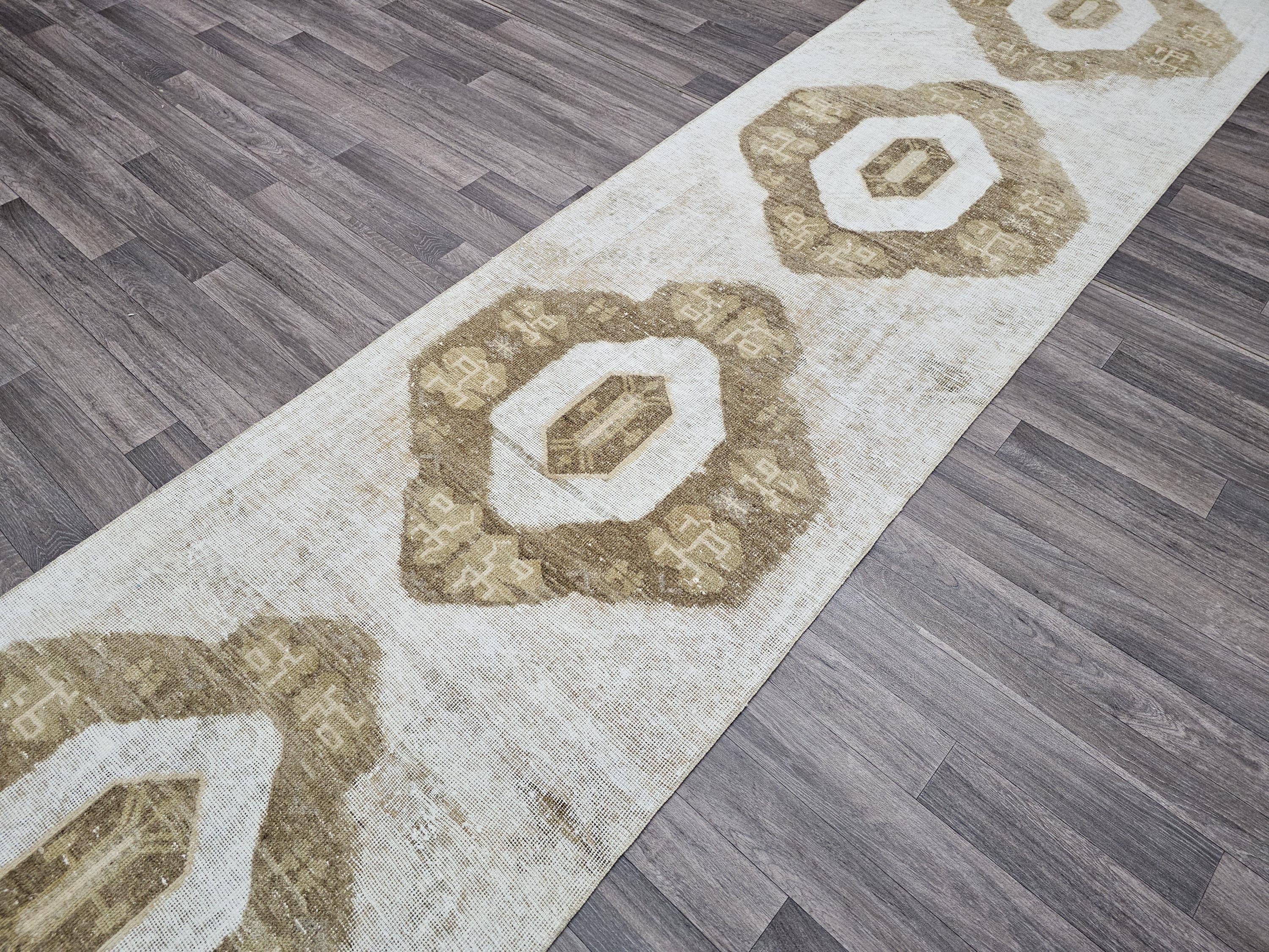 Vintage Hand Knotted Runner Rug 3x13: Neutral Beige Hallway Decor
