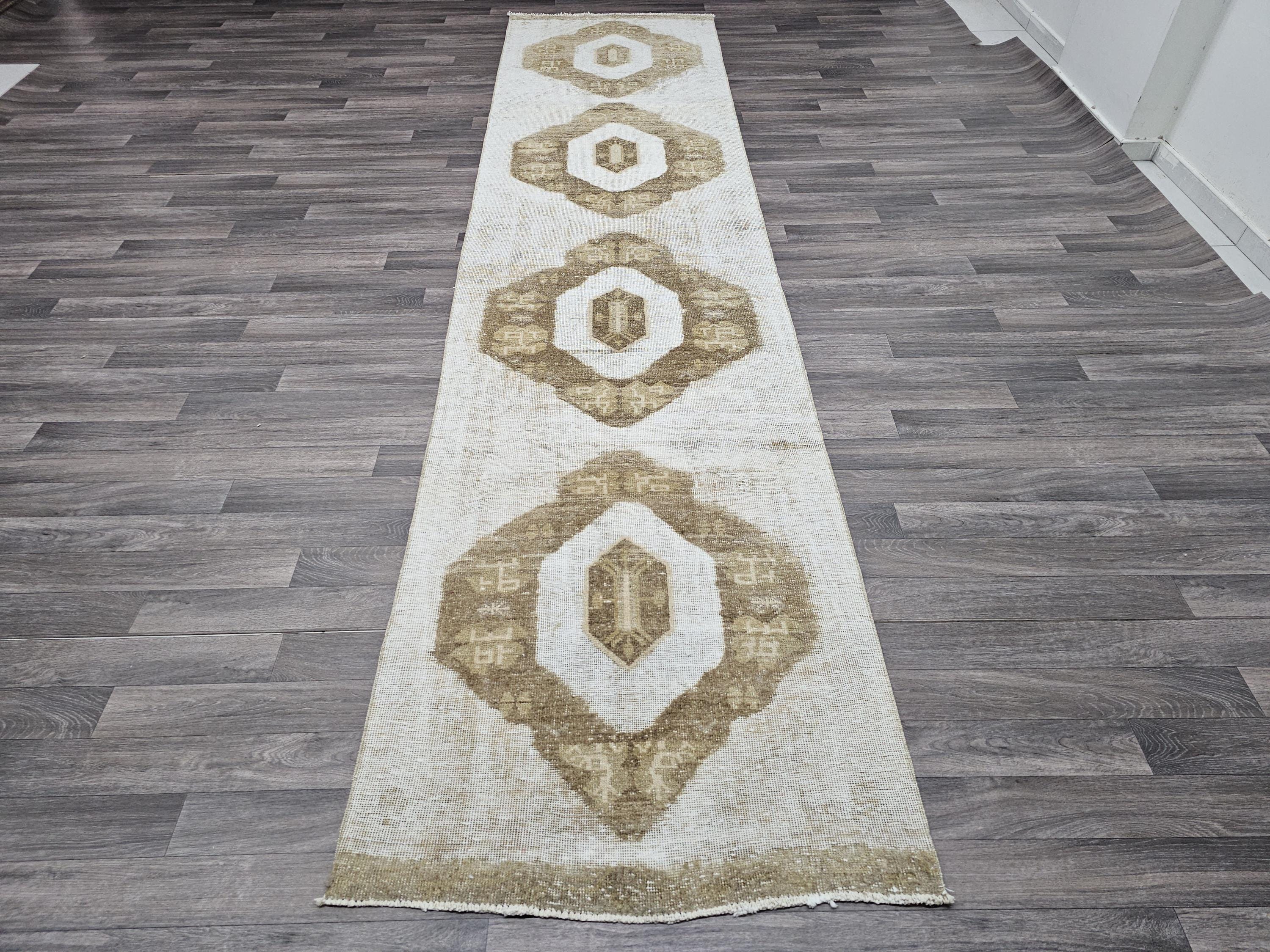 Vintage Hand Knotted Runner Rug 3x13: Neutral Beige Hallway Decor