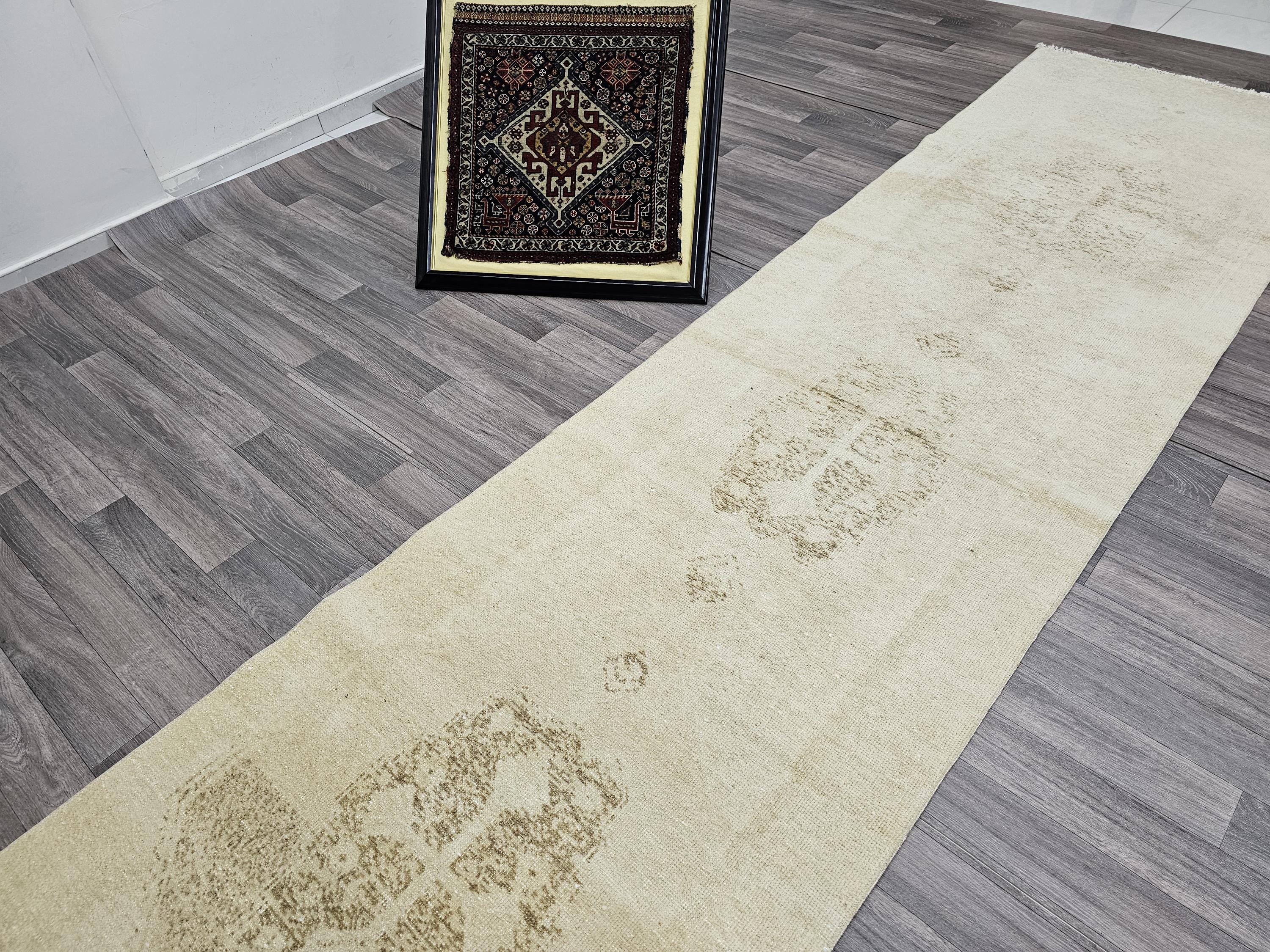 Neutral Turkish Runner Rug: 3x12.5 ft Vintage Oushak Wool Hallway Rug
