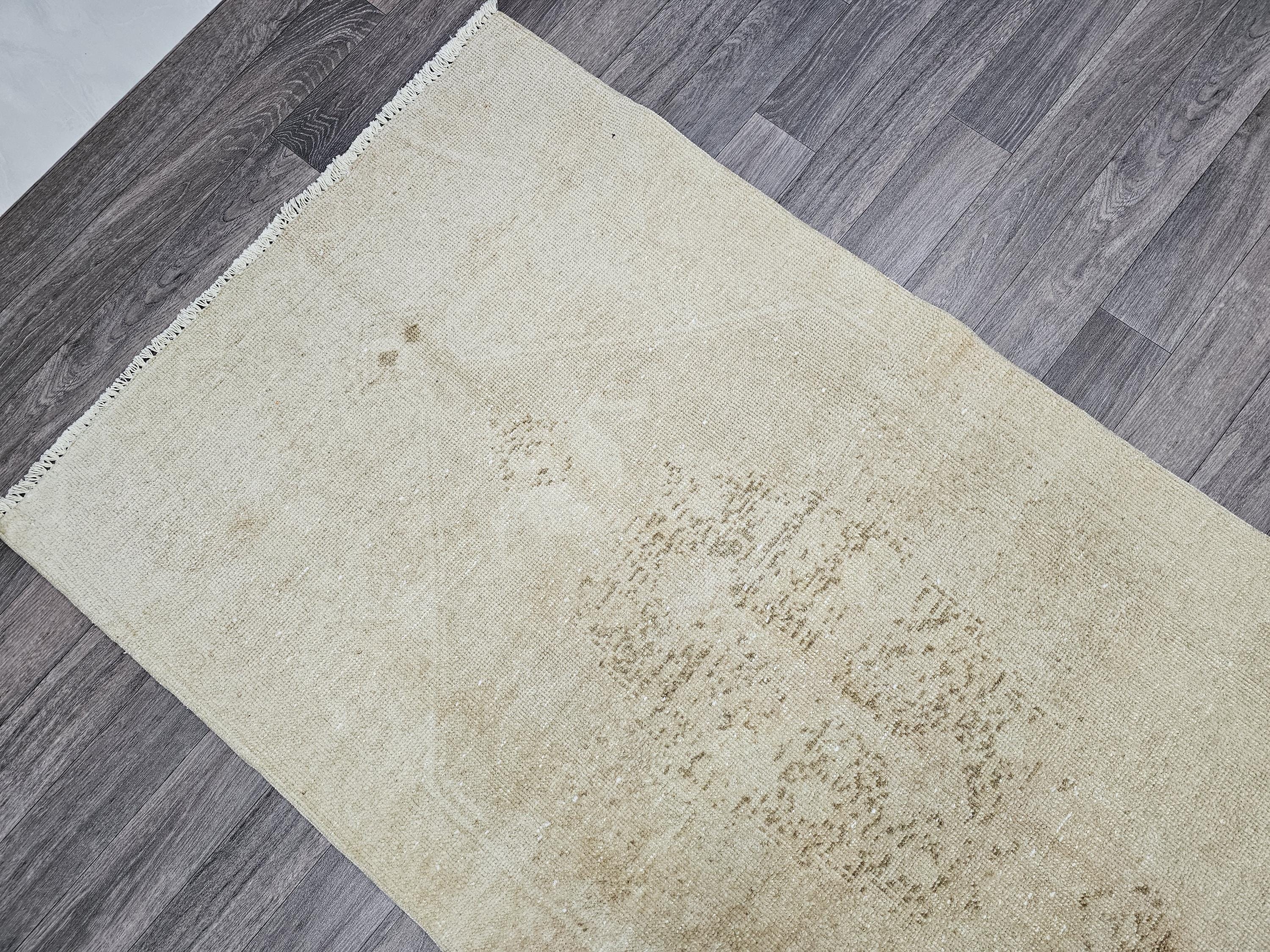 Neutral Turkish Runner Rug: 3x12.5 ft Vintage Oushak Wool Hallway Rug