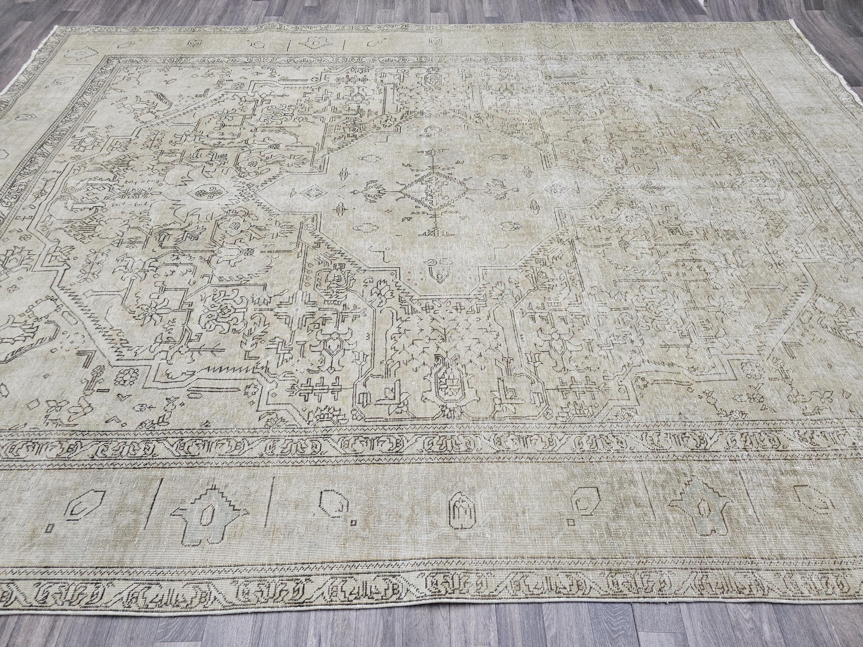 Vintage Hand Knotted Wool Heriz Rug: 10x12 Neutral Oriental Carpet