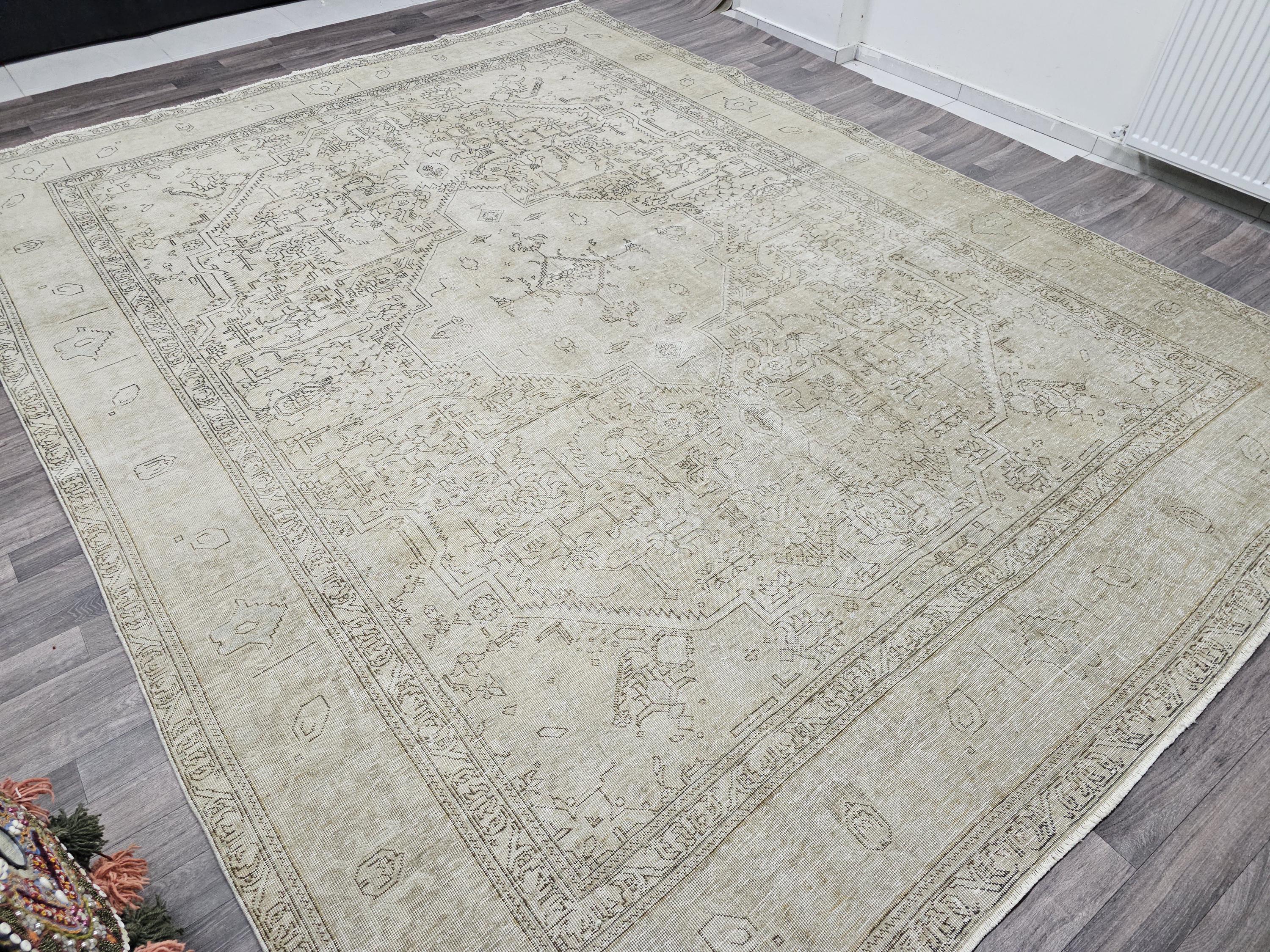 Vintage Hand Knotted Wool Heriz Rug: 10x12 Neutral Oriental Carpet